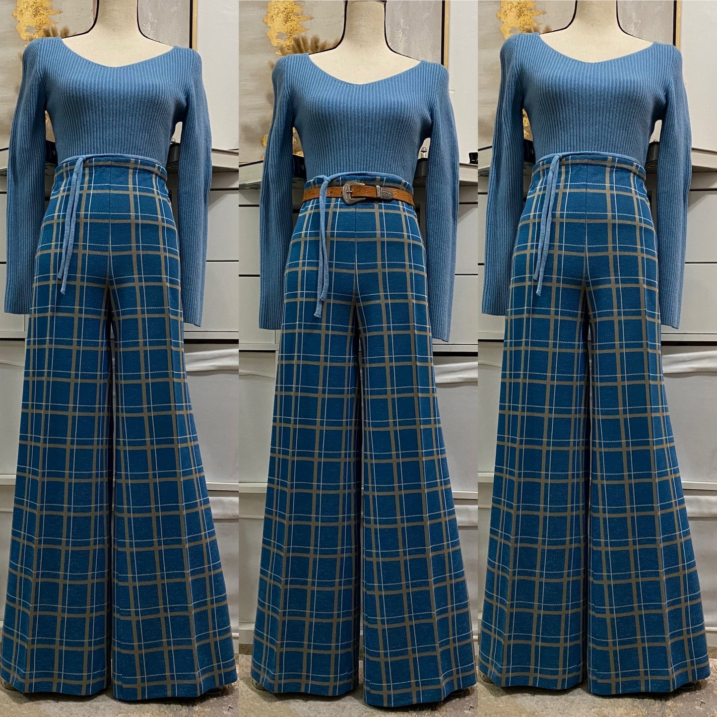 70's 2Pc Plaid/Checkered Wide Leg Pantsuit (L-XL)