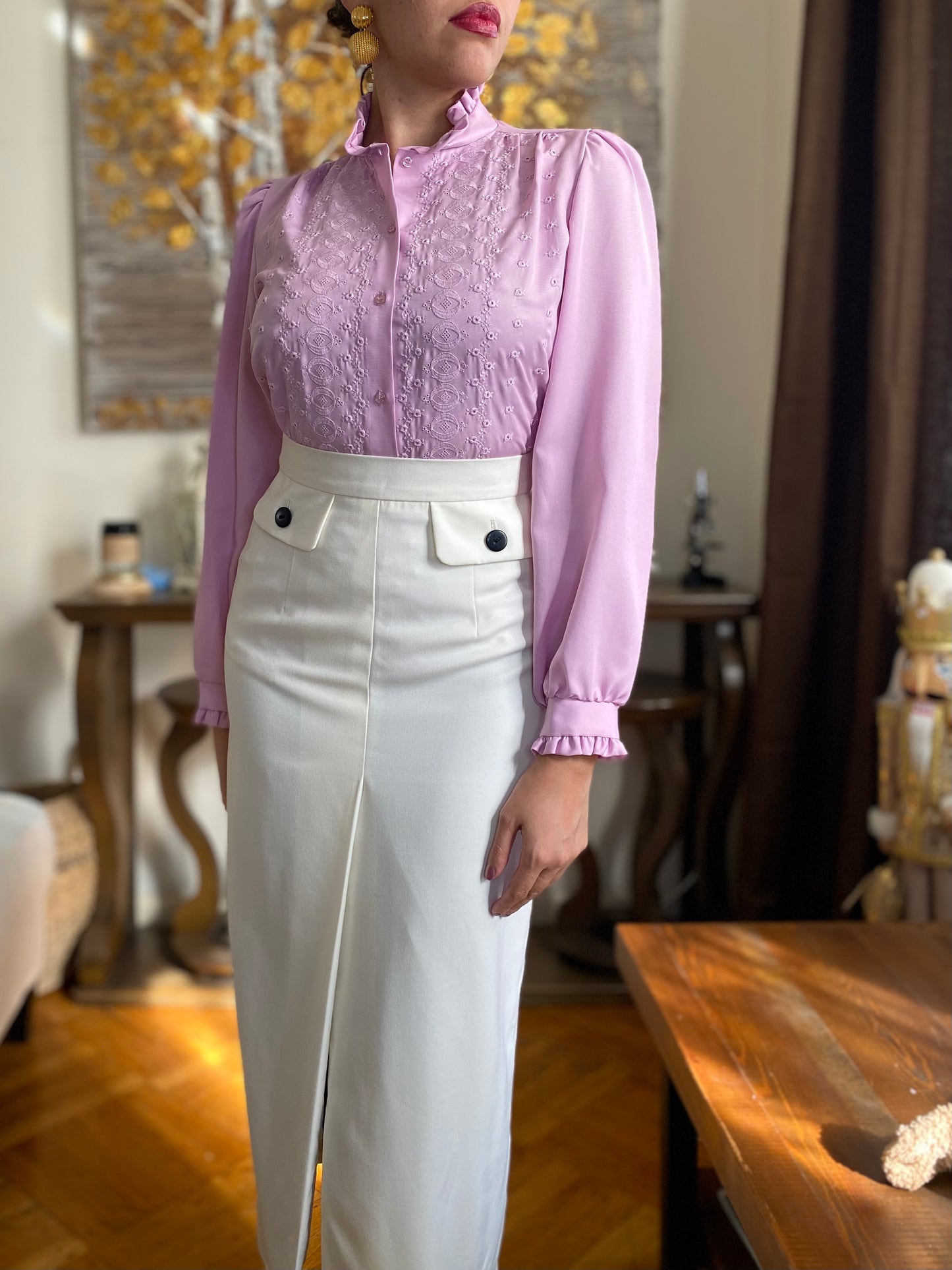 70's Ruffle Mock Collar Embroidered Top (S)