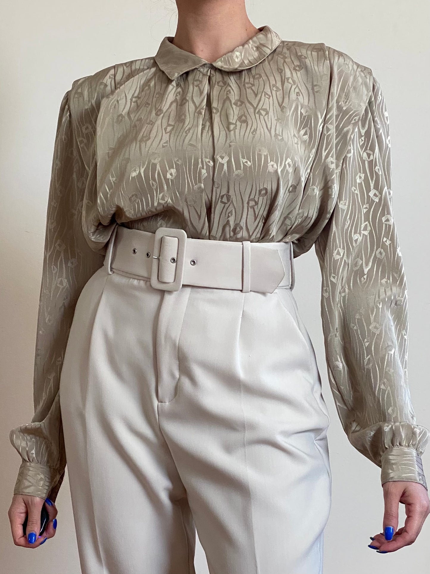 80's Golden Olive Peter Pan Collar Pleated Blouse (M-XL)