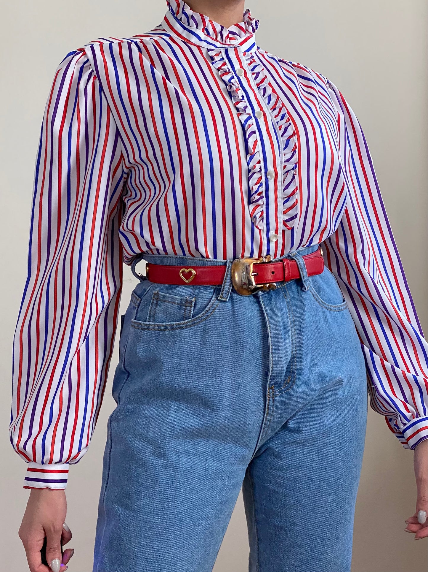 70's Striped Ruffle Long Puffy Sleeve Top (S-M)
