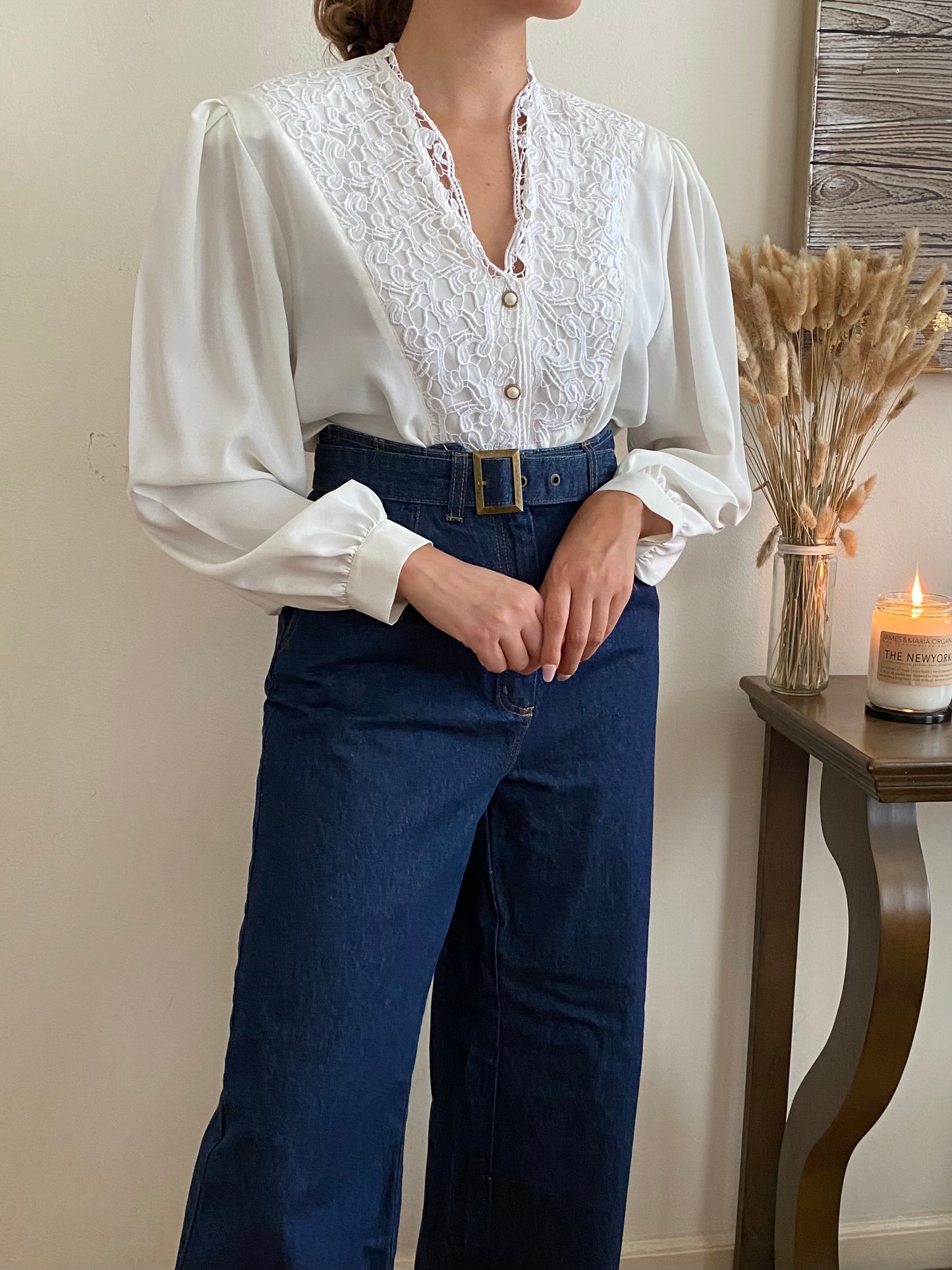 Lace trim long sleeve blouse