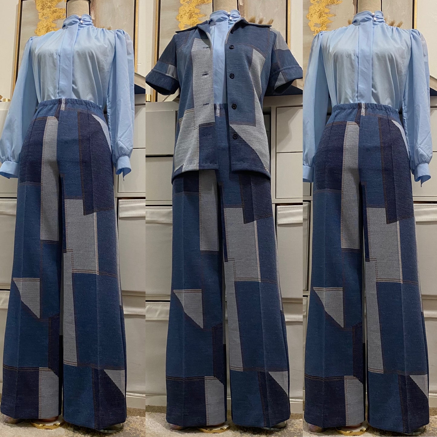 70s Denim Patchwork 2-Piece Pantsuit - Wide Leg Bottoms & Jacket Shirt (M-L)