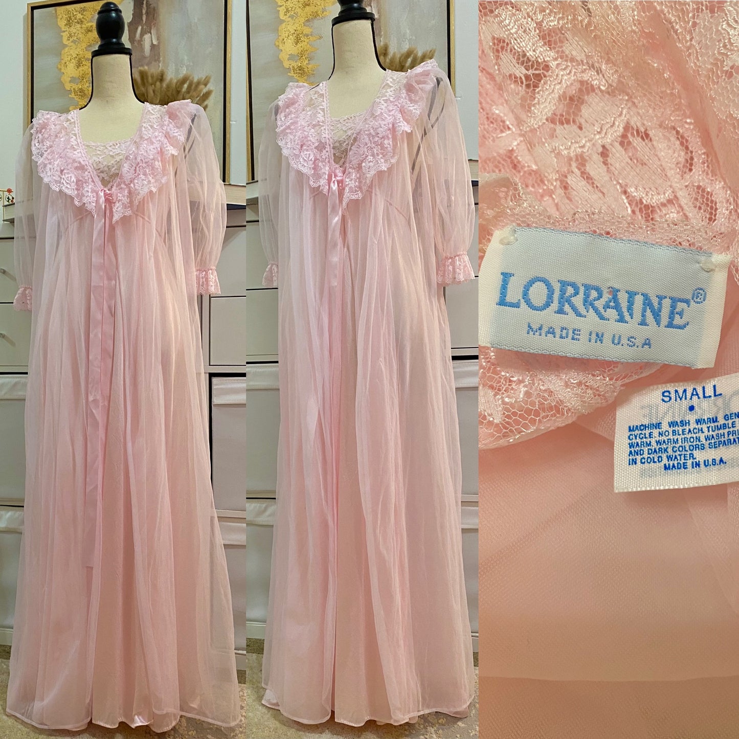 80’s Blush Pink Satin & Lace Peignoir 2-Piece Set (S-M)
