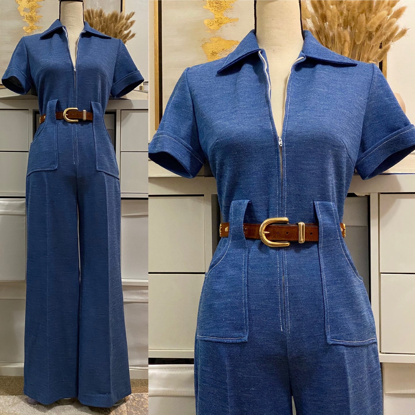 70's Denim Look Wide Leg Jumpsuit w/ Zippered Front (L)