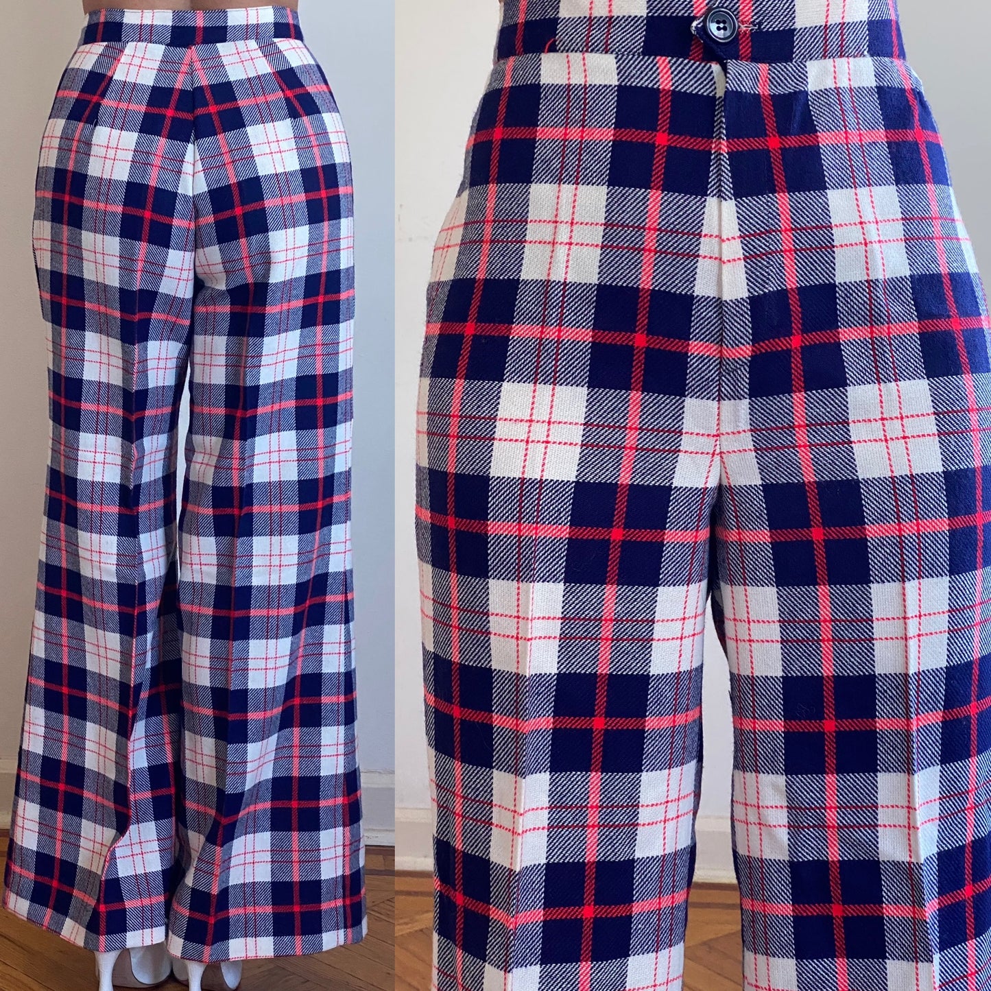 70's Plaid High Rise Bell Bottoms Wide Leg Flare (M-28'W)