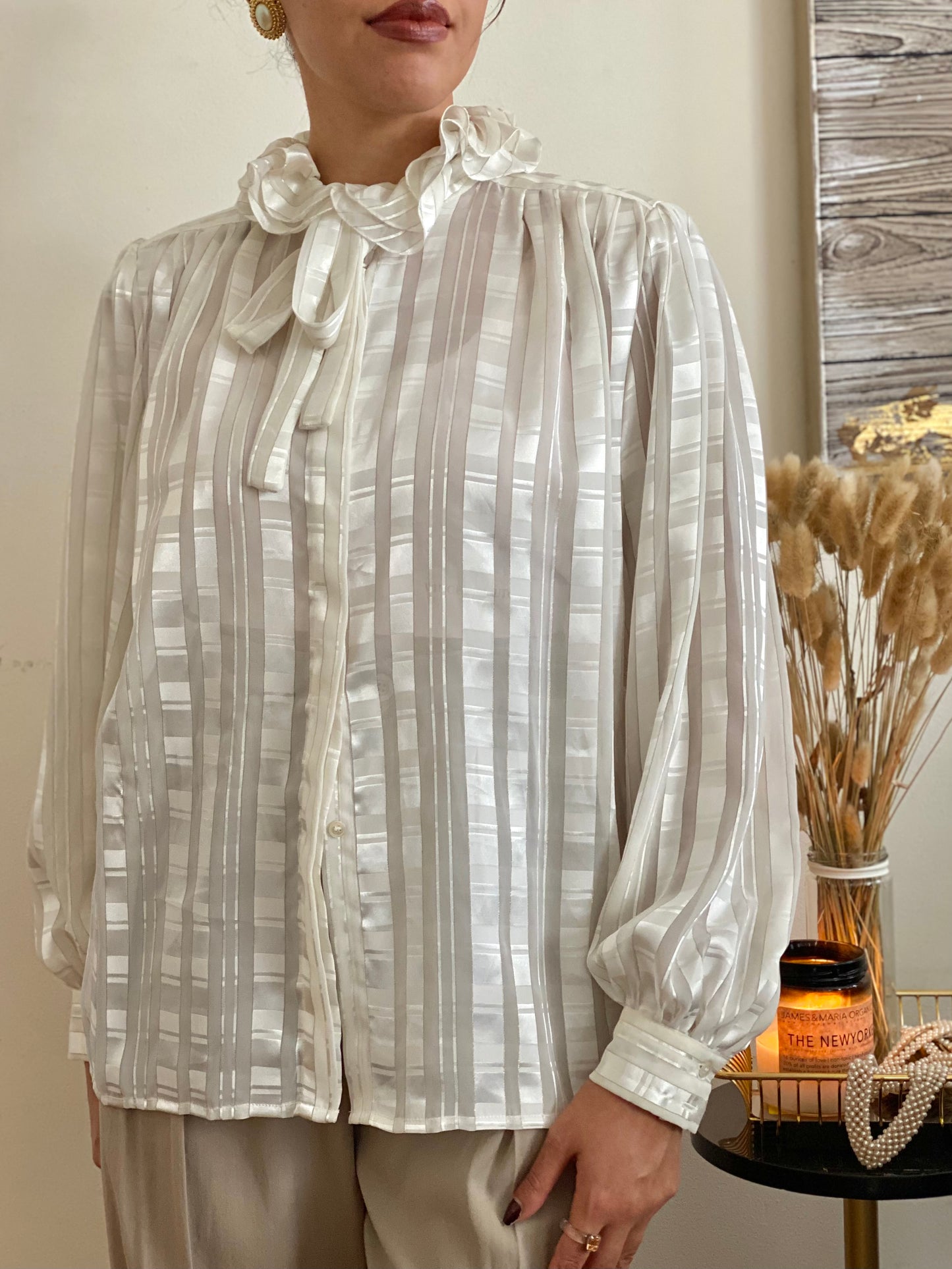 Elegant Ruffle high mock neck puffy Secretary Career Style blouse