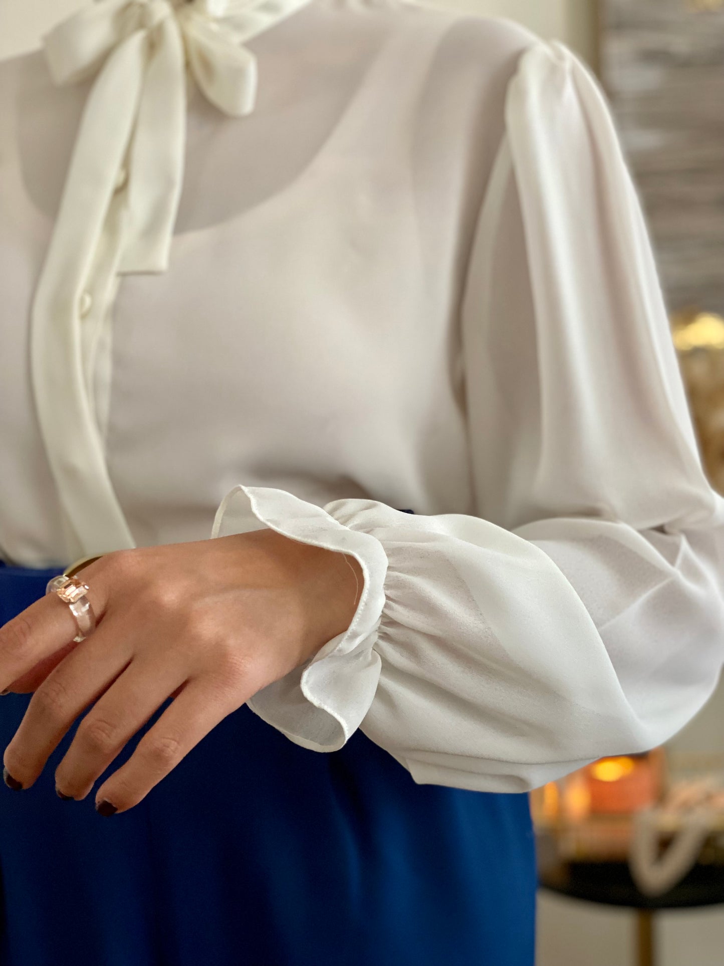 Ruffle high mock neck long sleeve blouse