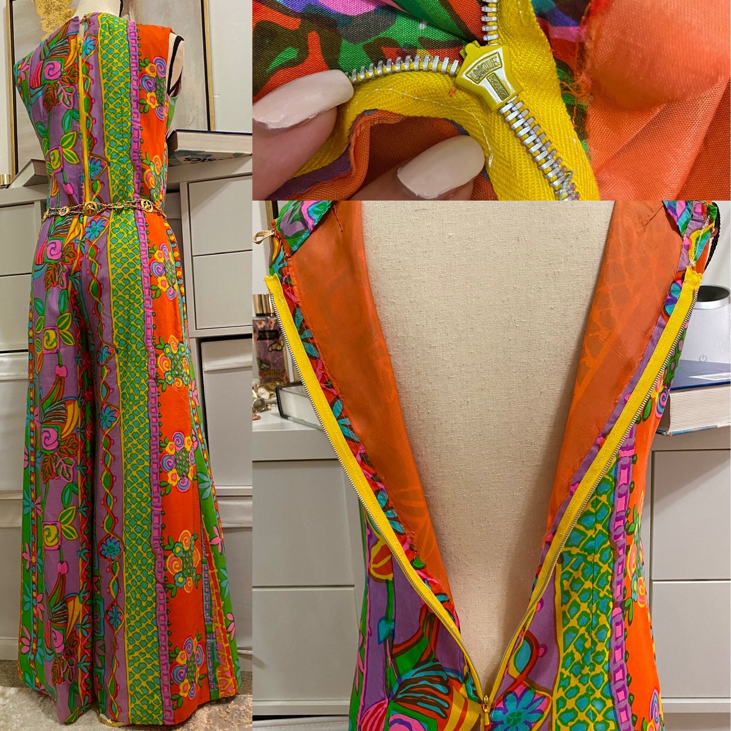 60’s-70’s Rainbow Floral/Geometric Wide Leg Jumpsuit (S)