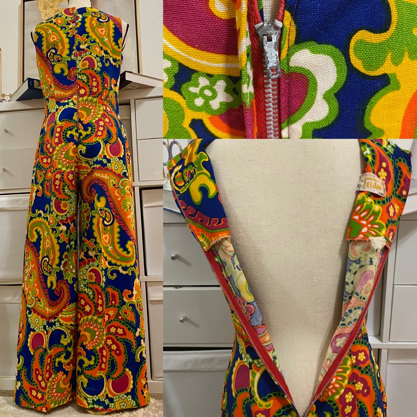 60’s-70’s Psychedelic Sleeveless Bell Bottom Jumpsuit (M-L)