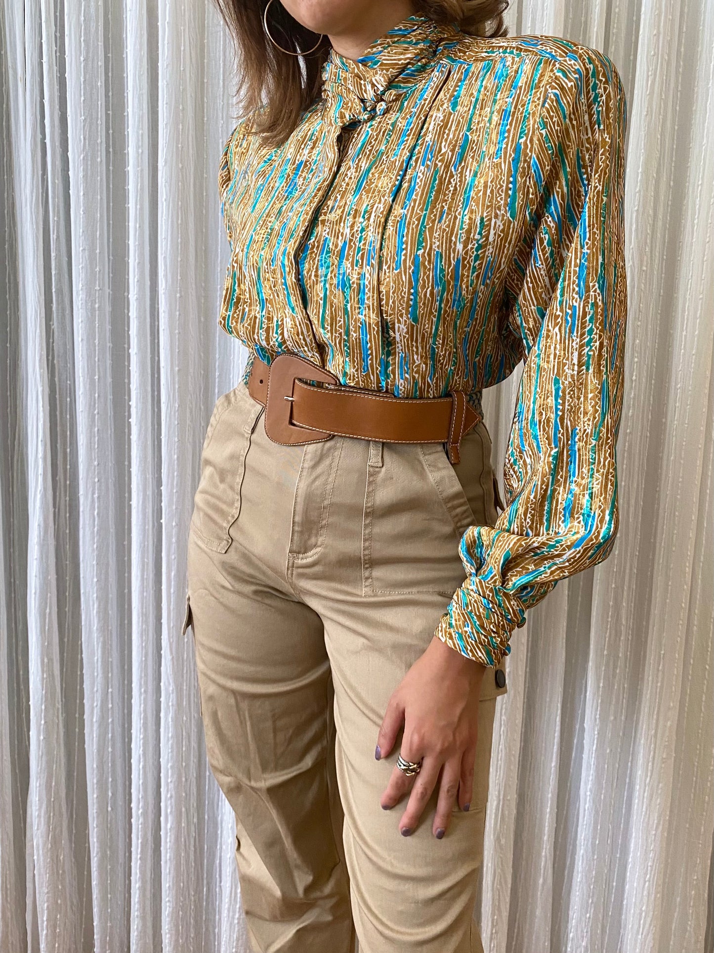 Abstract Long Sleeve Top with high mock neck