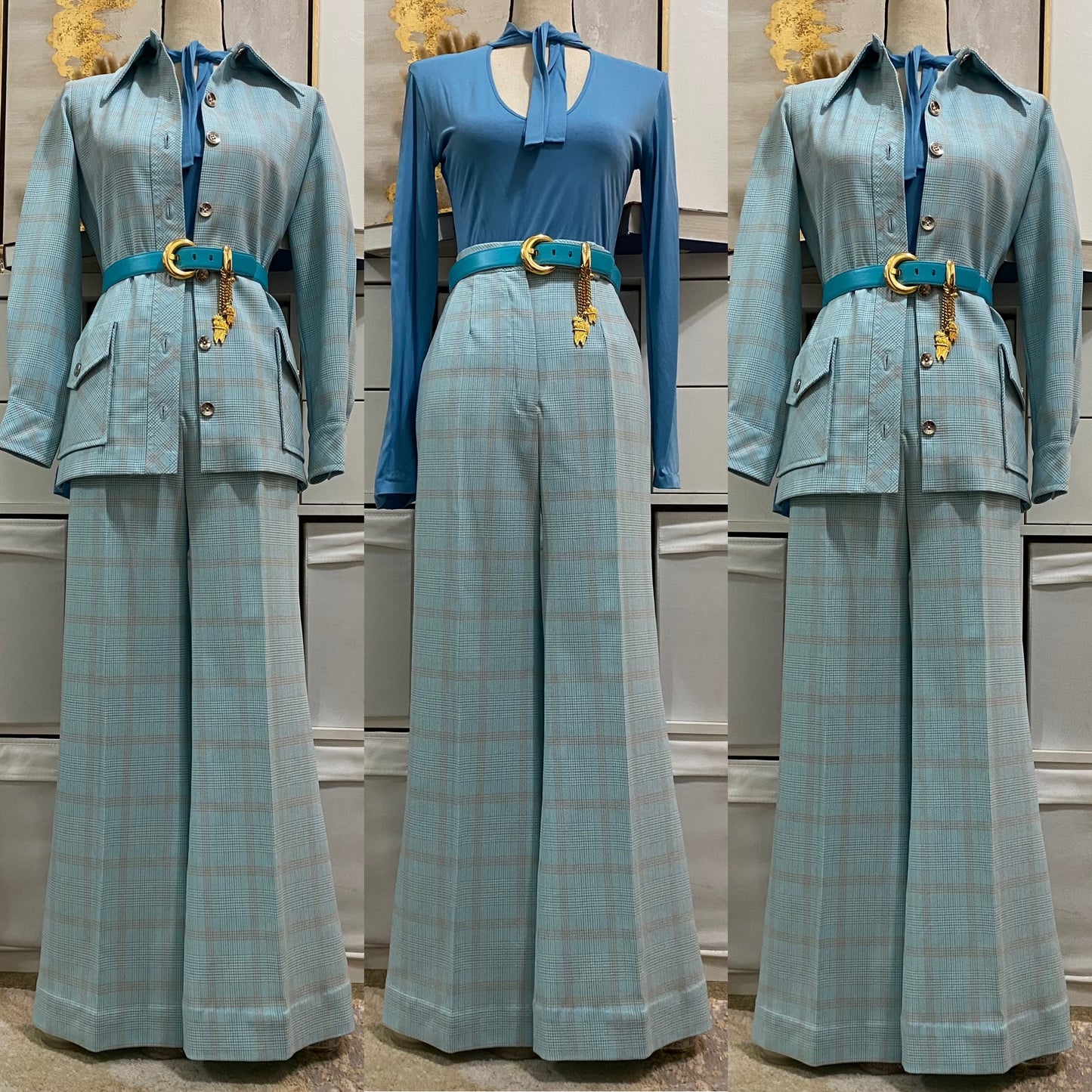 70's Blue Plaid 2Pc Bell Bottom Pantsuit (M, 29"W)