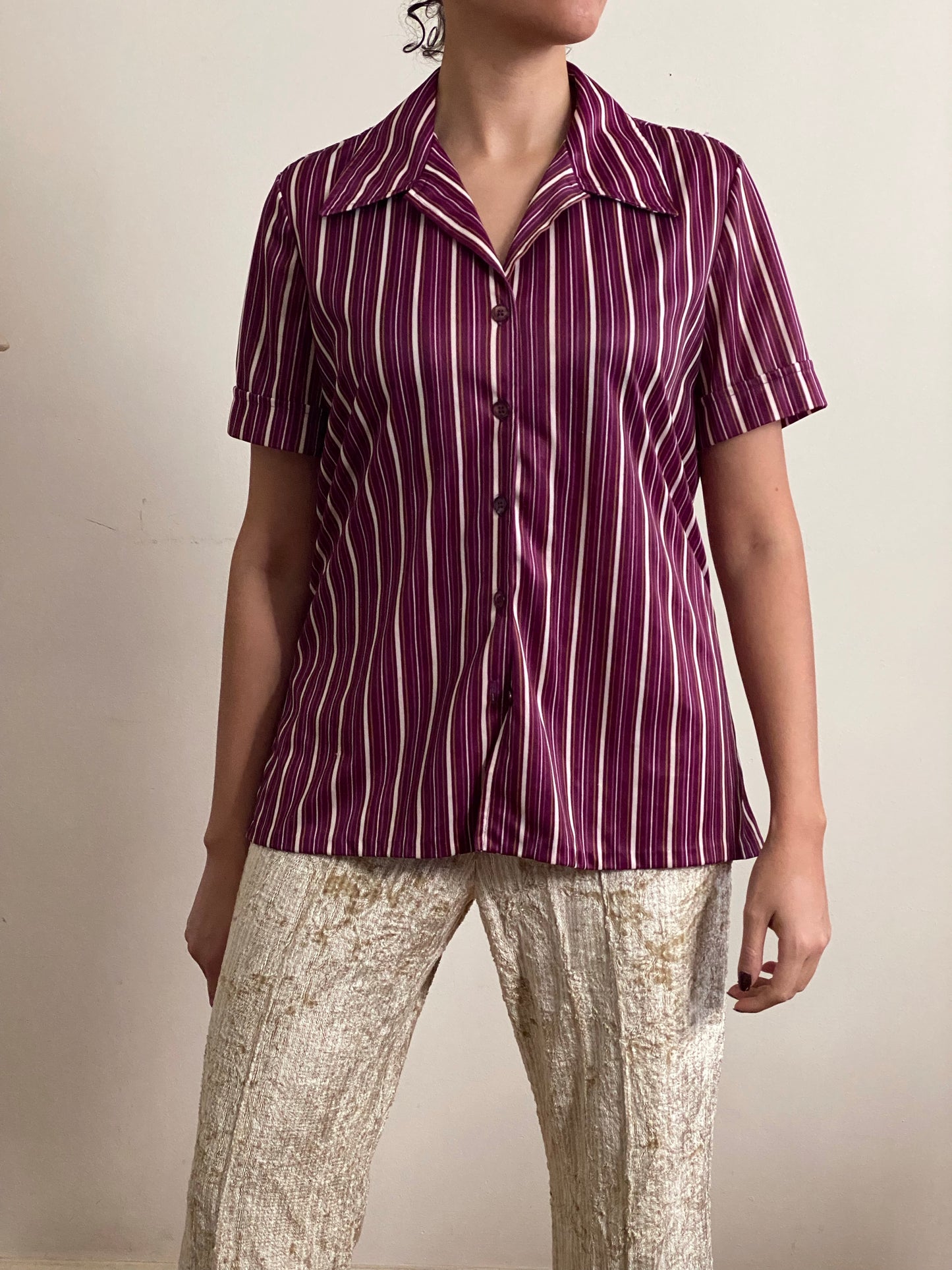 70's Striped Short Sleeve Button Up Top (M)