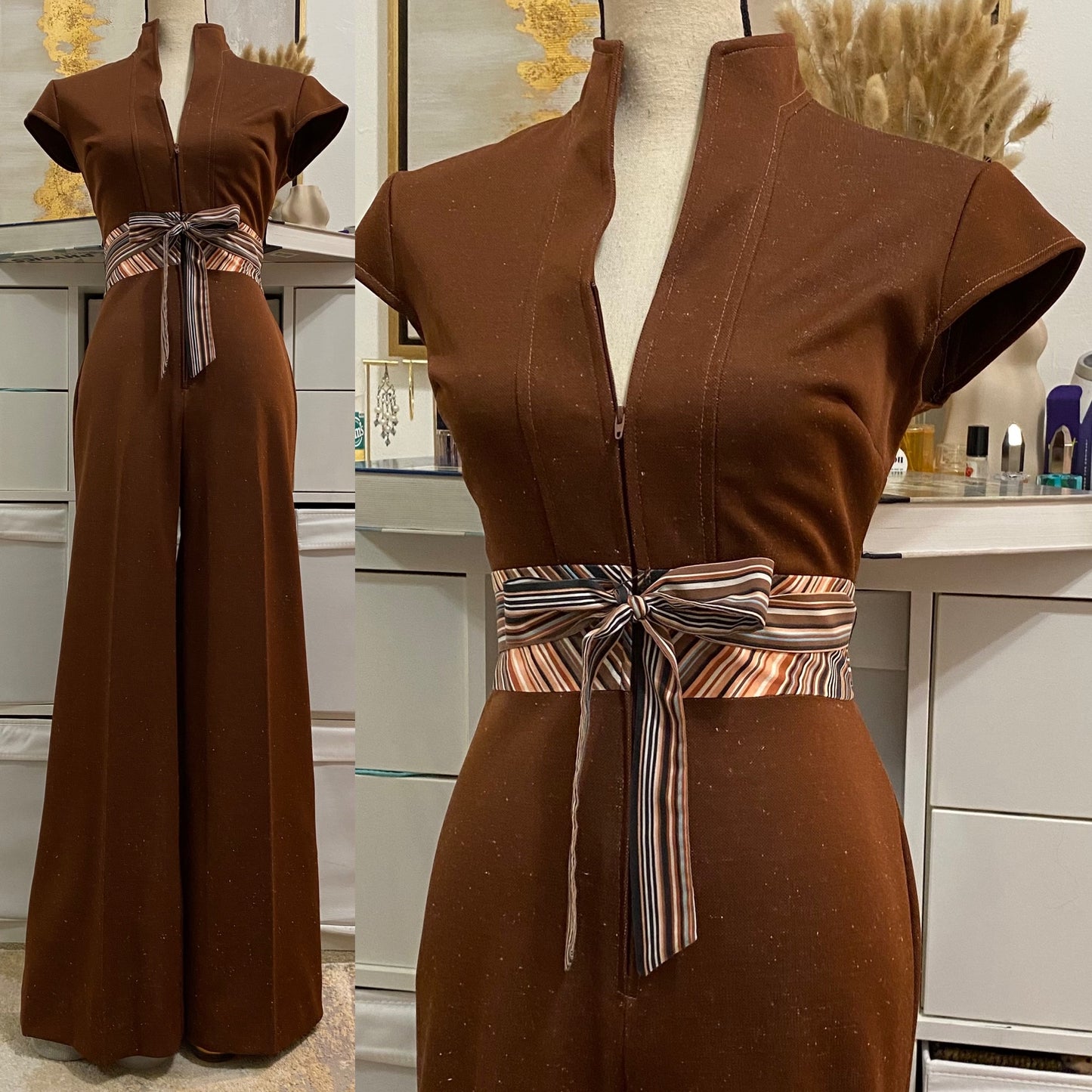 70's Chocolate Brown, Belted Wide Leg Jumpsuit (S, 26")