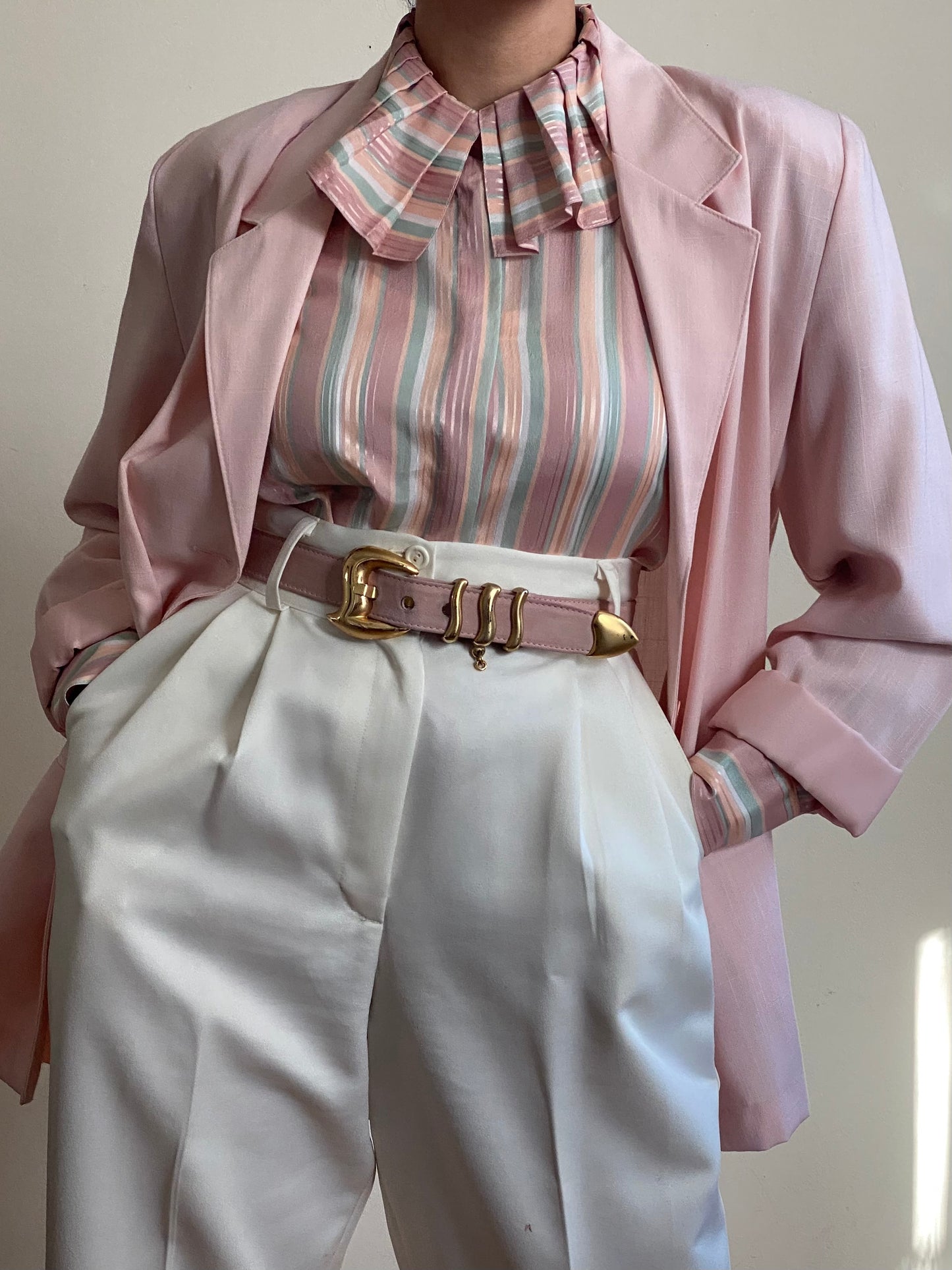 70's ILGWU Pastel Striped Round Pleated Collar Long Sleeve Blouse (S)