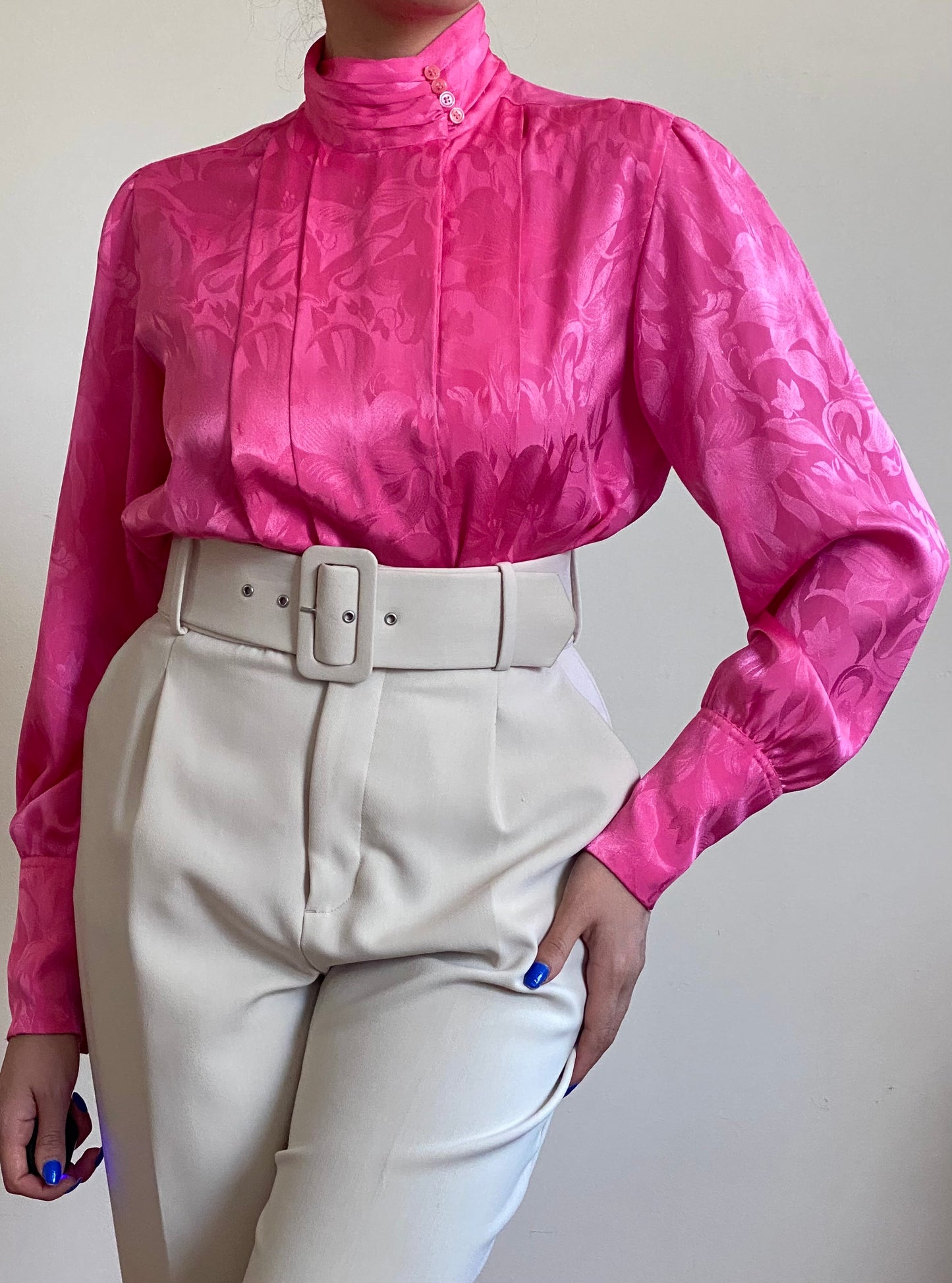 80's Satin Floral Pleated Button-Down Blouse (S-M)