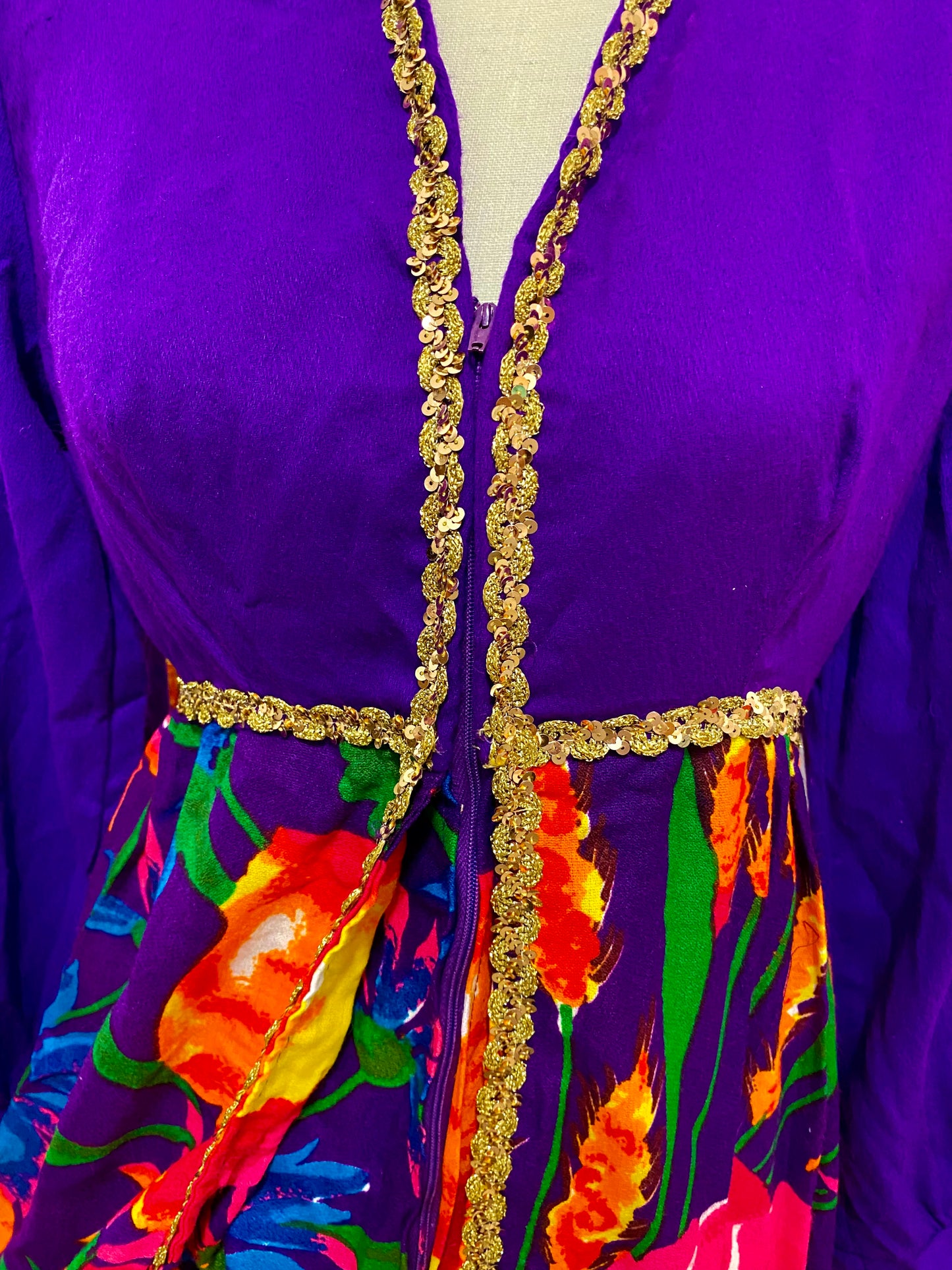 70's Floral Palazzo Jumpsuit with Gold Trim (S)