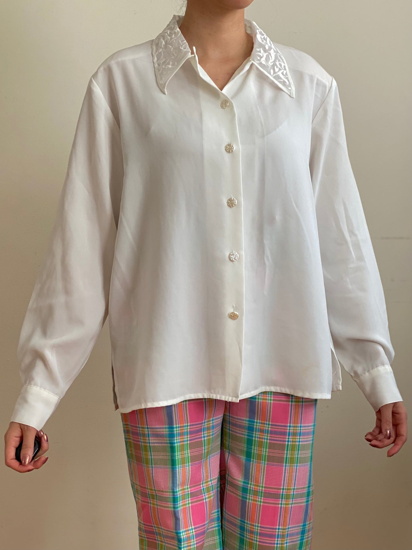 80's-90's White Button-Down Floral Collar Blouse (M-L)
