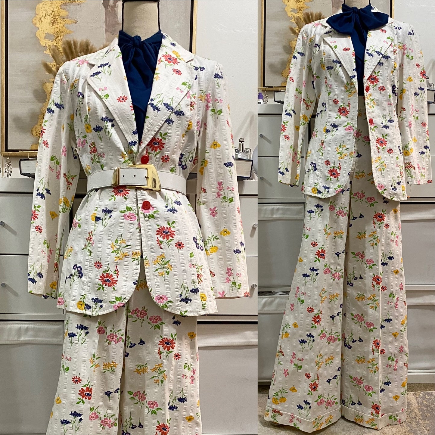70's Deadstock 2Pc Floral Cotton Wide Leg Pantsuit (M-29"W)