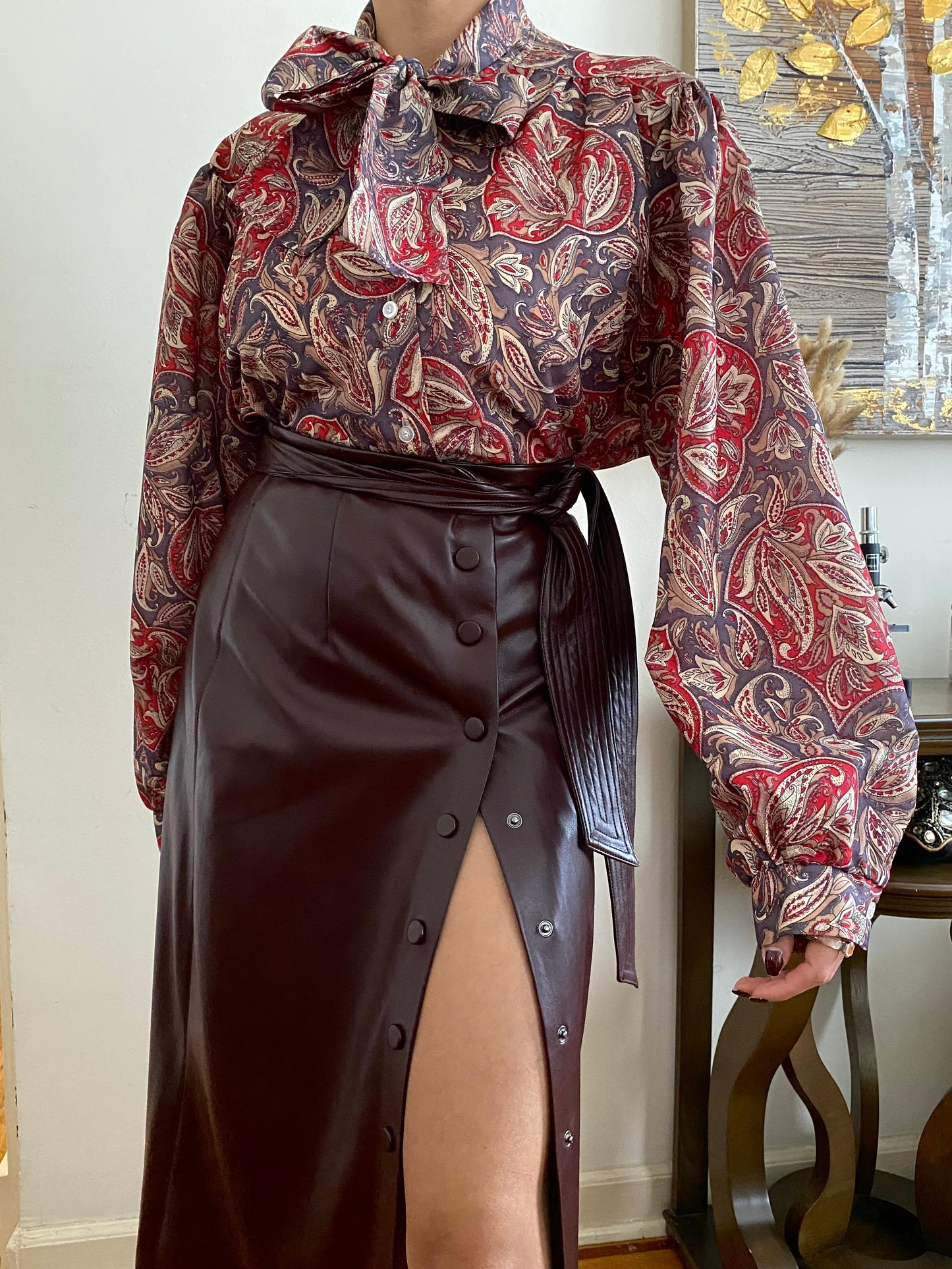 Paisley abstract bow collar oversized long sleeve blouse