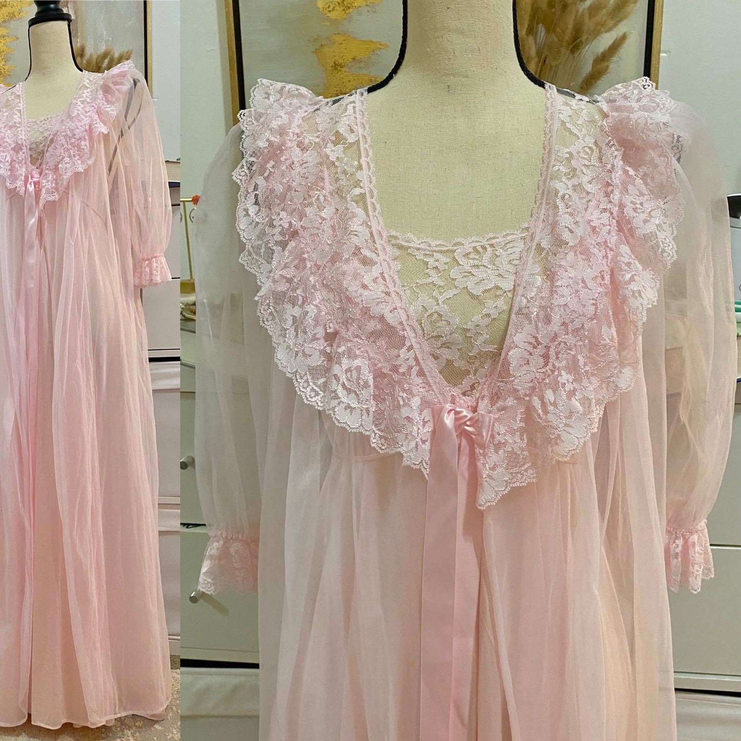 80’s Blush Pink Satin & Lace Peignoir 2-Piece Set (S-M)