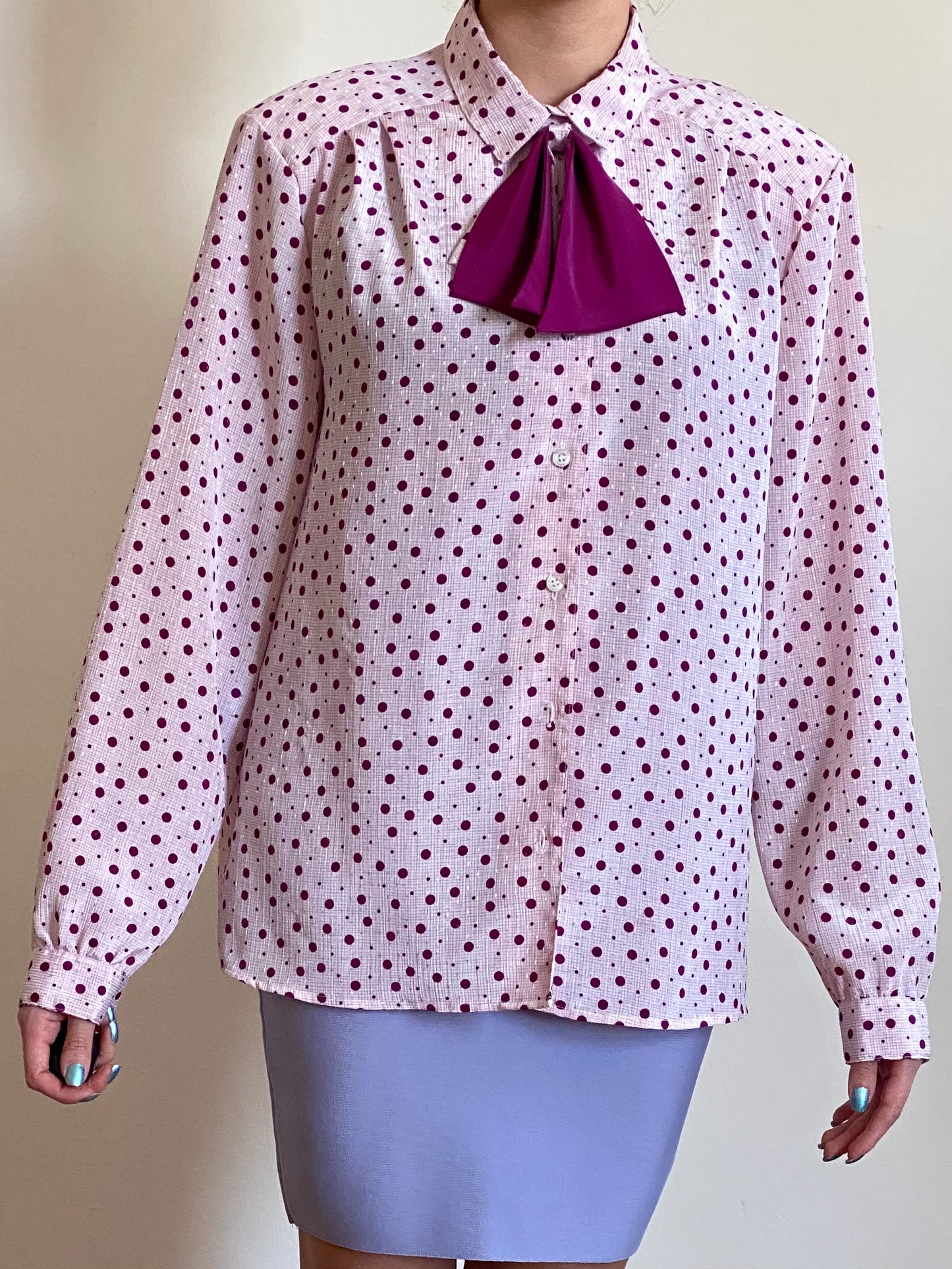 80's PINK POLKA DOT JABOT BOW BUTTON DOWN BLOUSE (S-M)