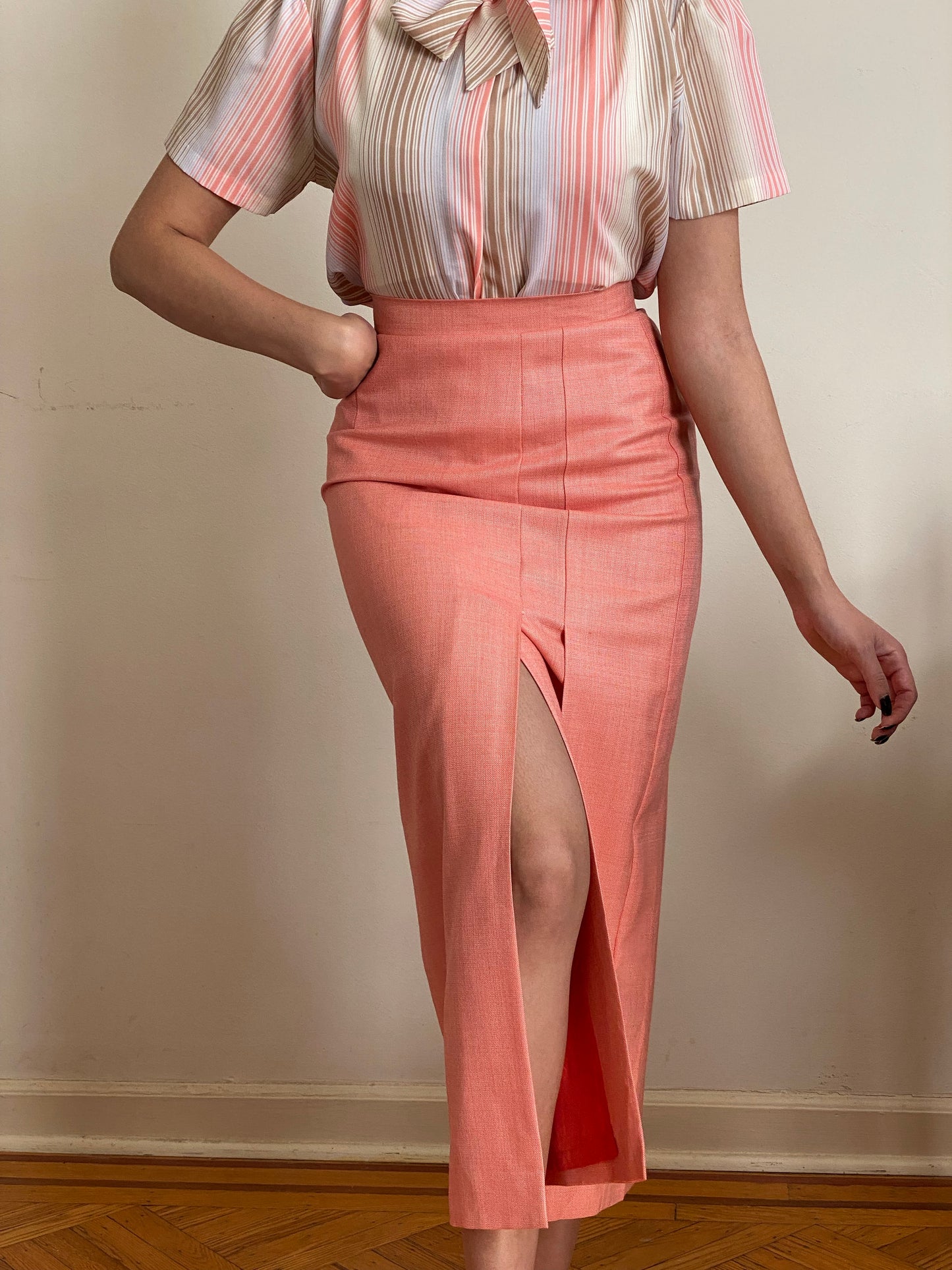 80s-90s Peach Escada Slit Silk & Wool Maxi Skirt (XS)