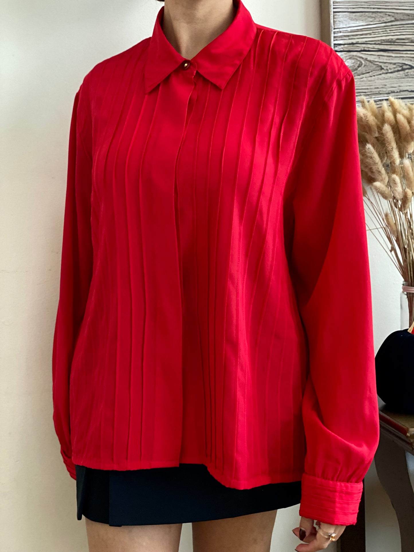 Pleated Front with Accent Button Long Sleeve Blouse