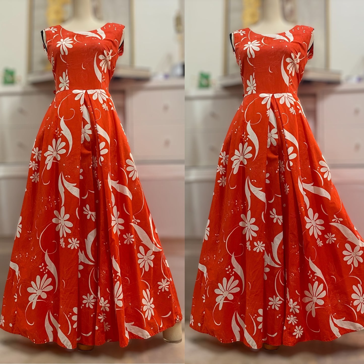 60s-70s Coral Floral Palazzo Jumpsuit (S, 26"-27"W)