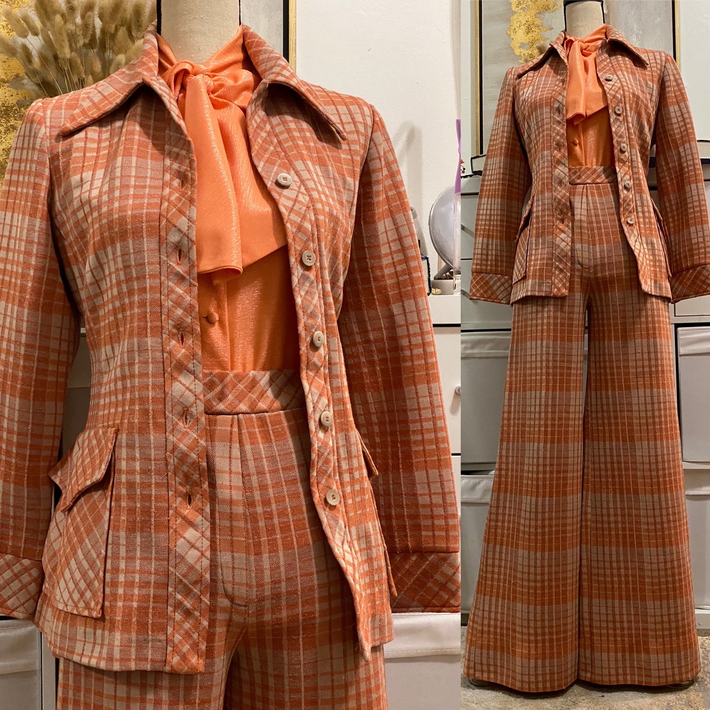 70s 2PC Plaid Leisure/Pantsuit - Wide Leg & Jacket Shirt (S, 26"-29"W)