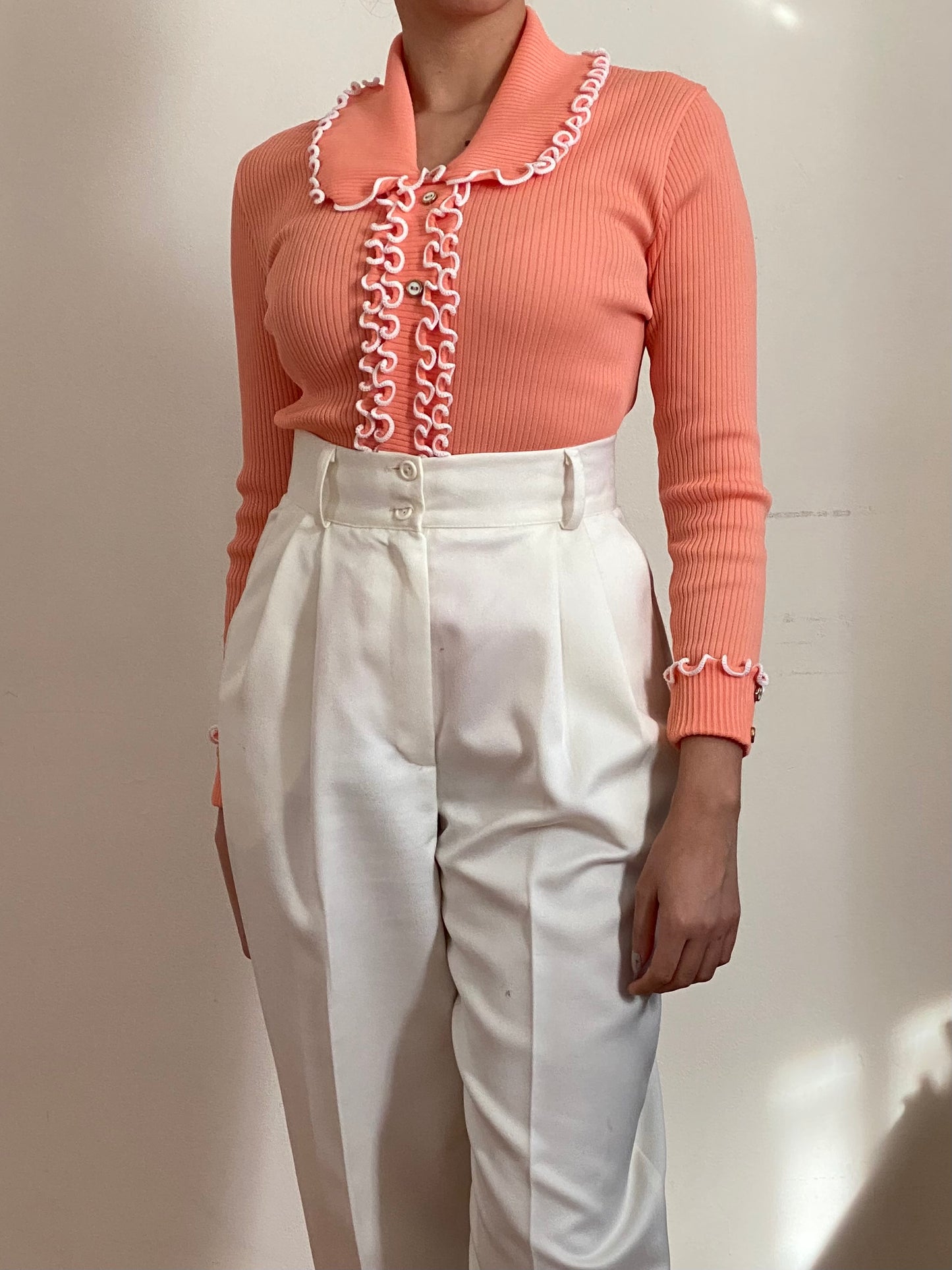 70's NOS Creamsicle Ruffle Trim Long Sleeve Top (XS-S)