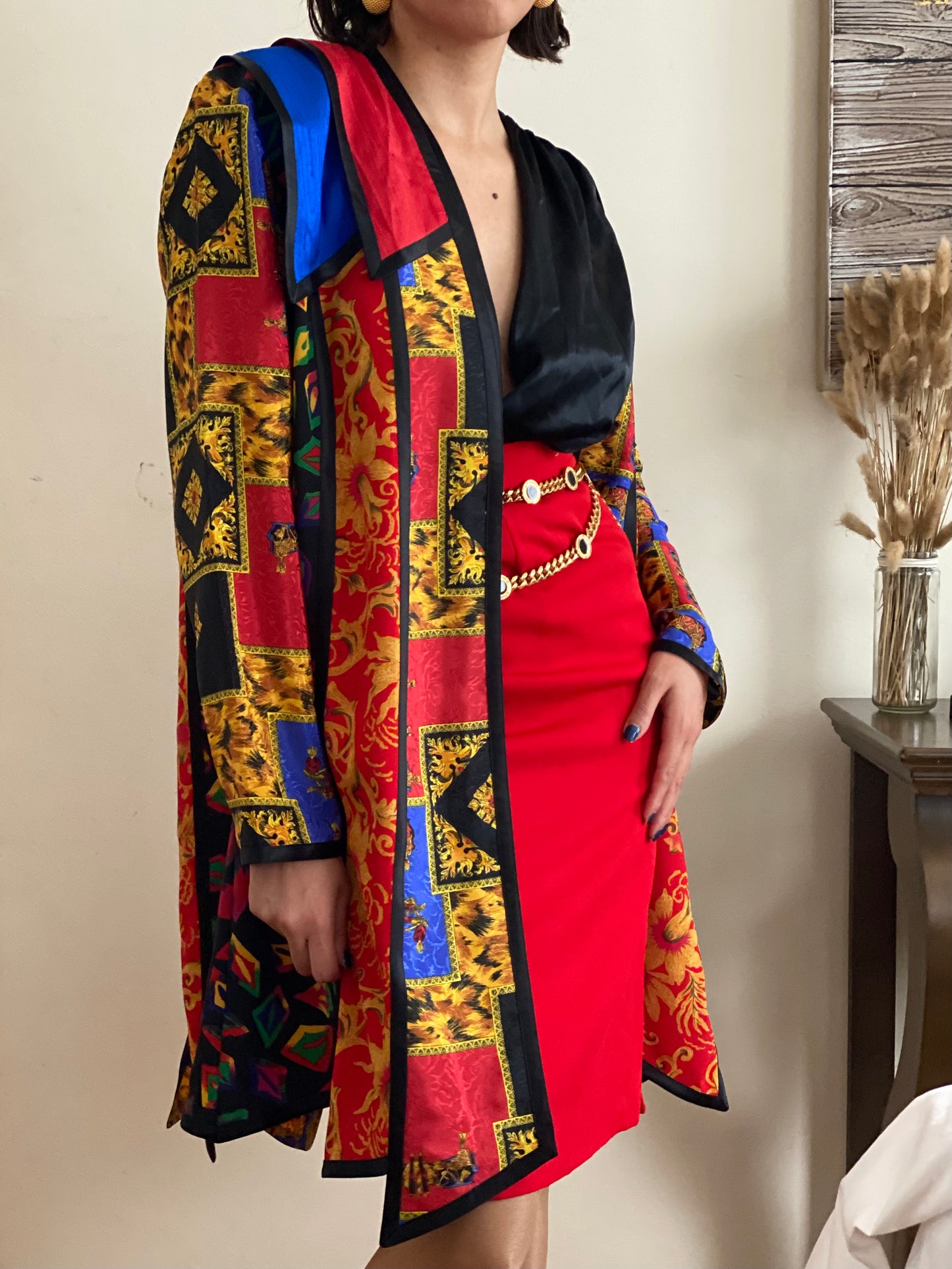 90's Brocade/Royal Pattern Open Front Jacket (S)