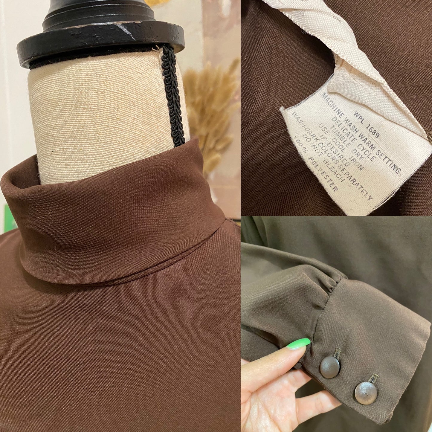 70s Mocha Puffy Sleeve, Mock Neck Blouse (S-M)