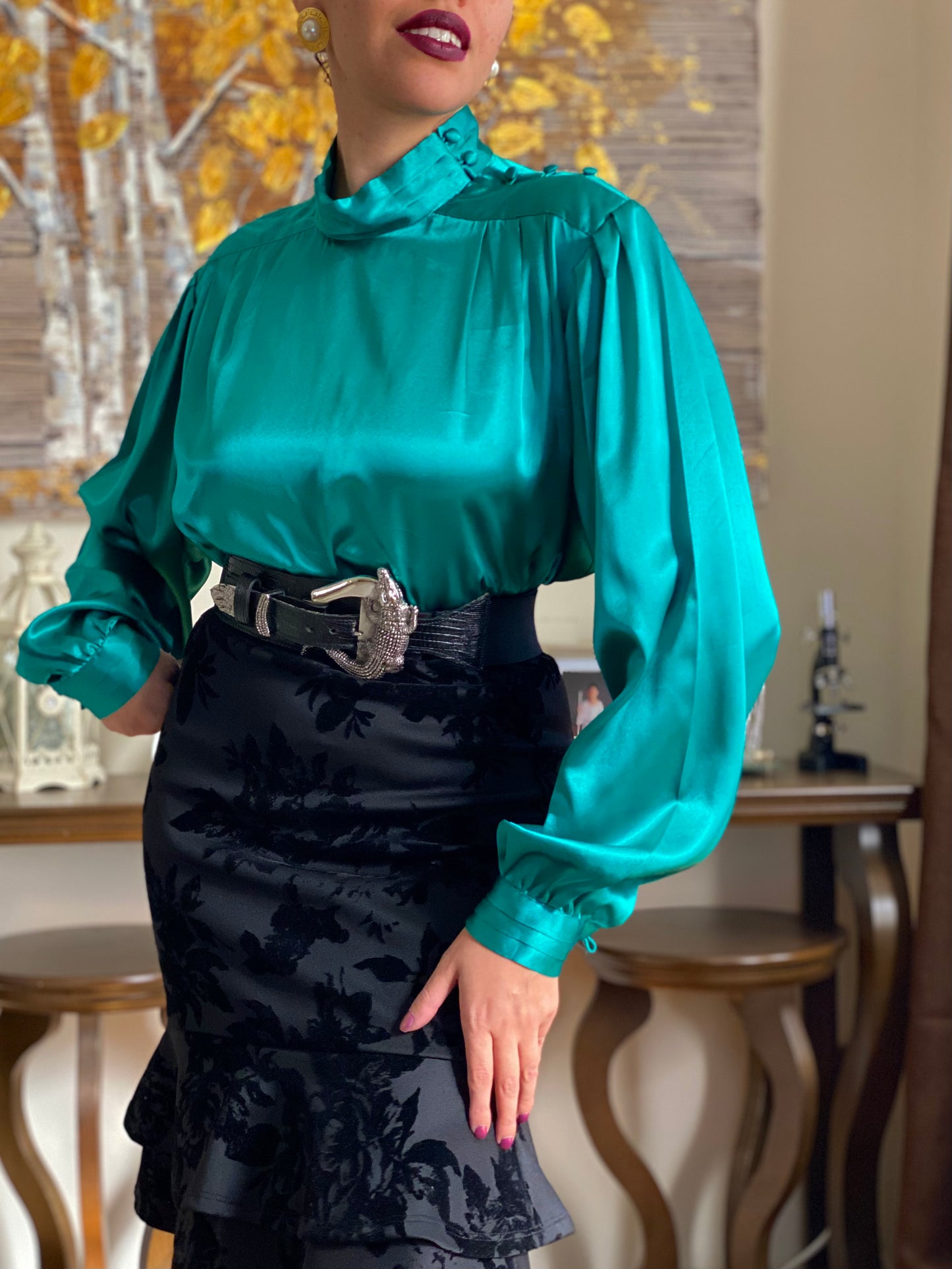 80's Green Satin Mock Neck Long Sleeve Blouse (12)