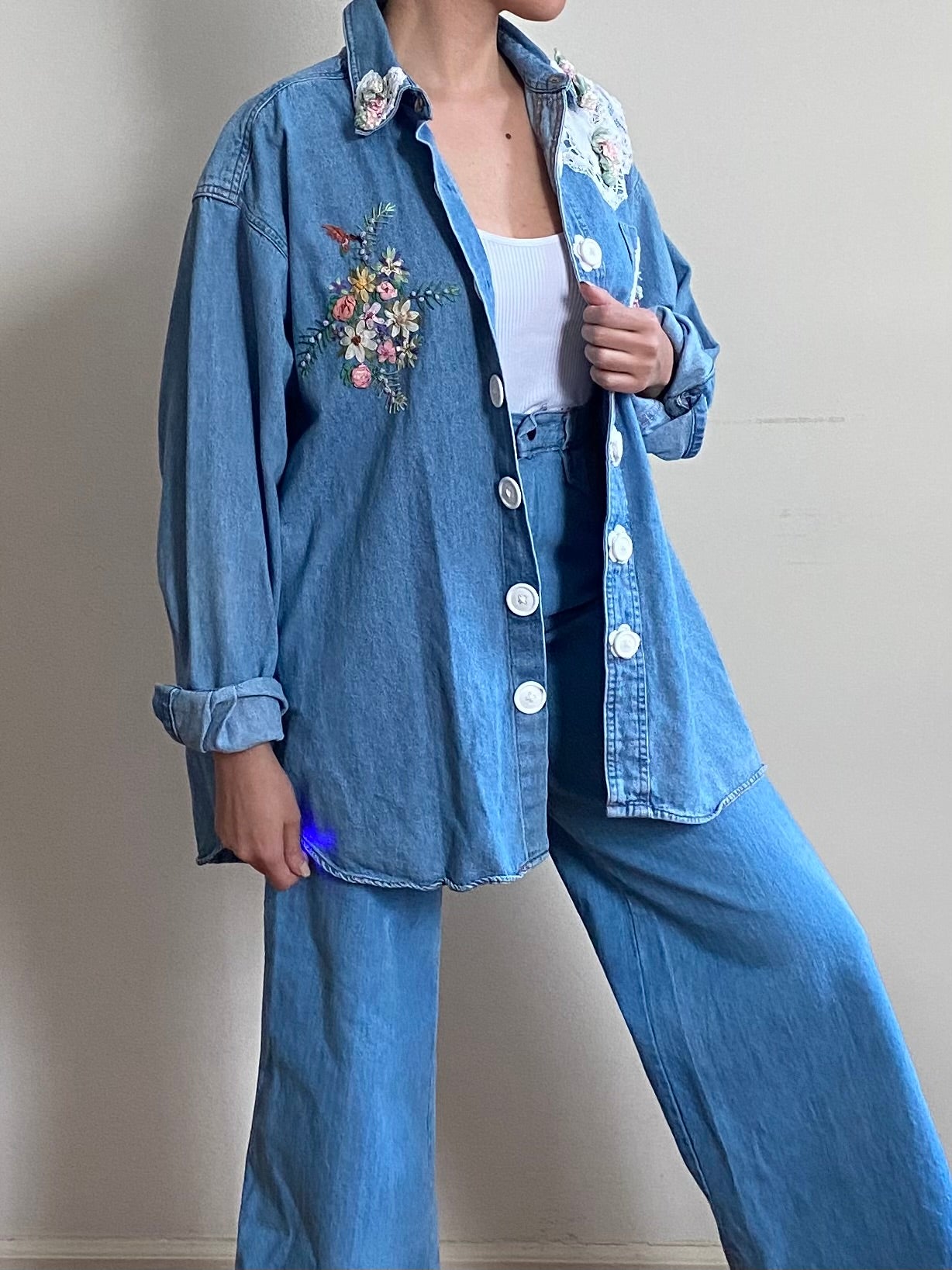 80's Lace & Crotchet Denim Jacket (L)