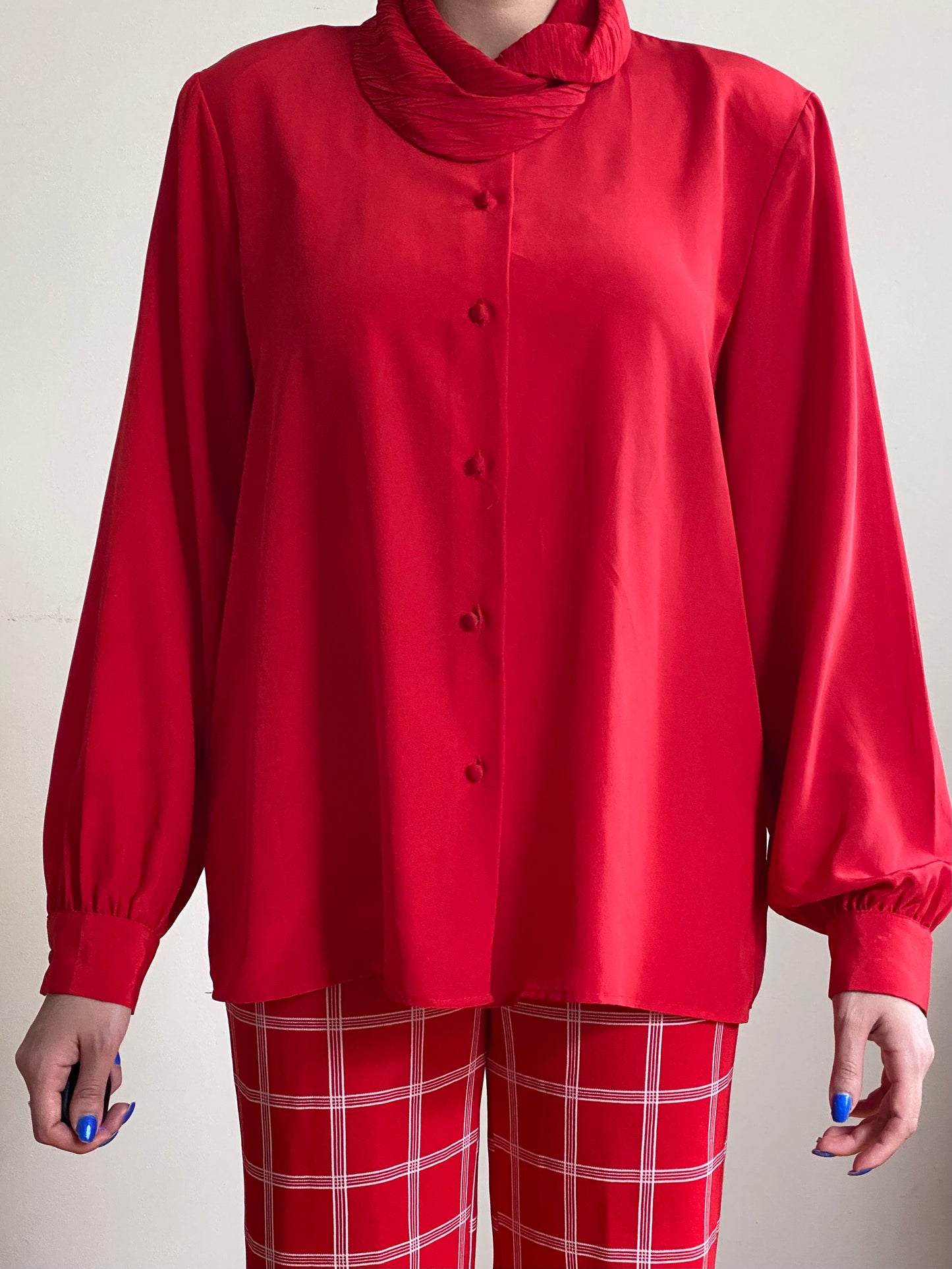 80's Crepe Shawl Neck Button Down Blouse (M-L)