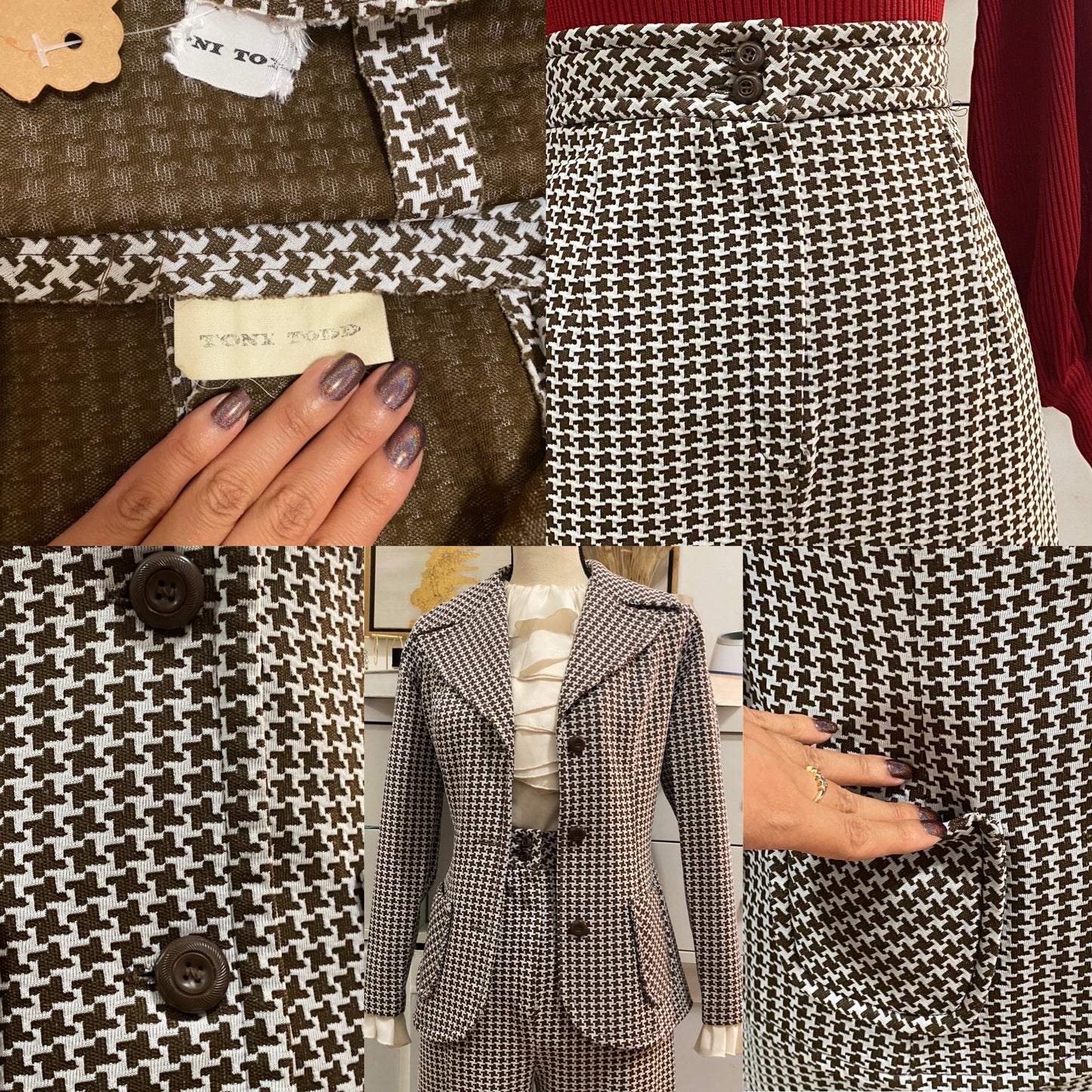 60's-70's Houndstooth 2PC High Rise Bell Bottom Pantsuit Petite (XXS-XS)