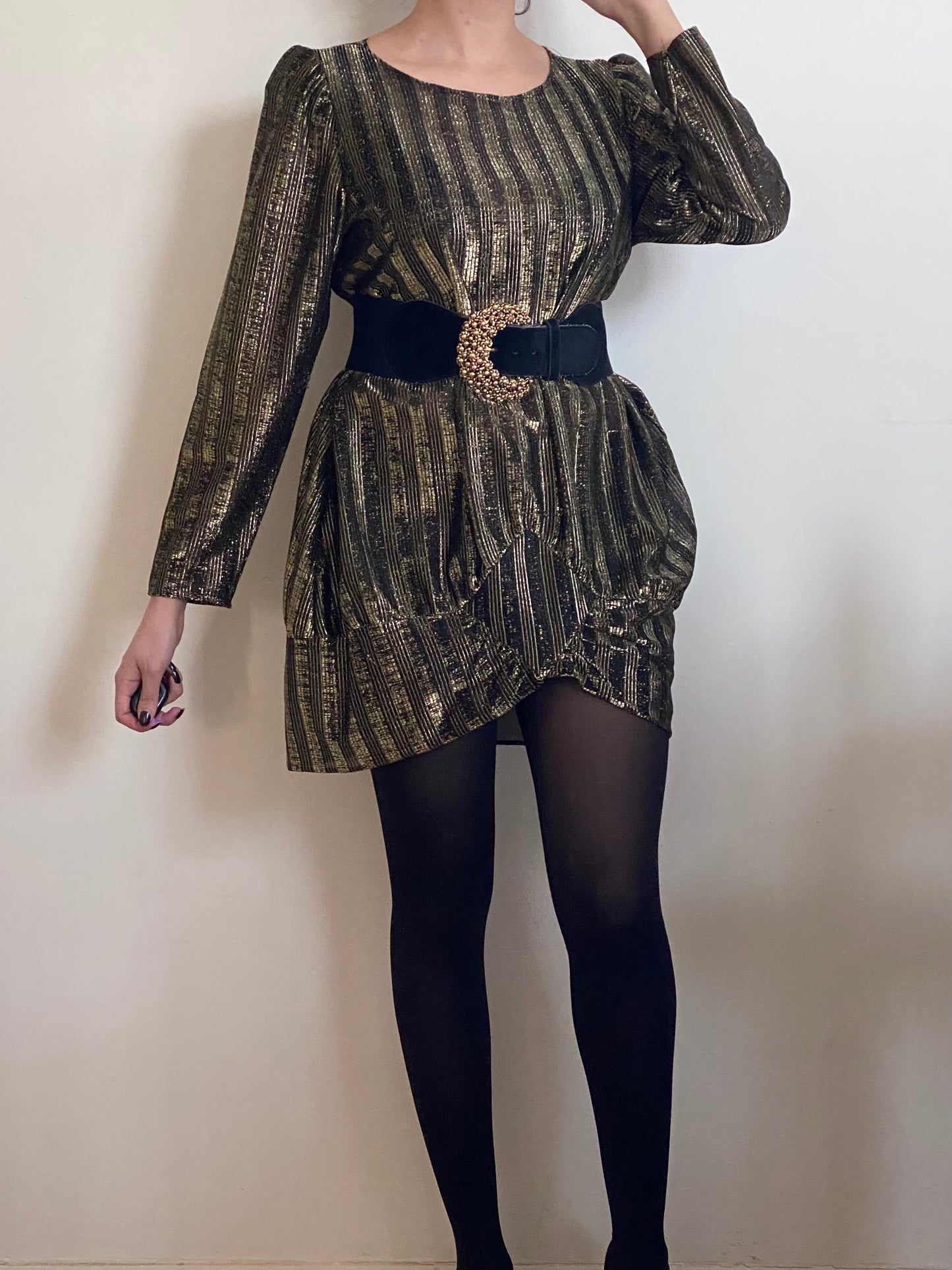 80's Gold Metallic Asymmetrical Shirt Dress (S-M)