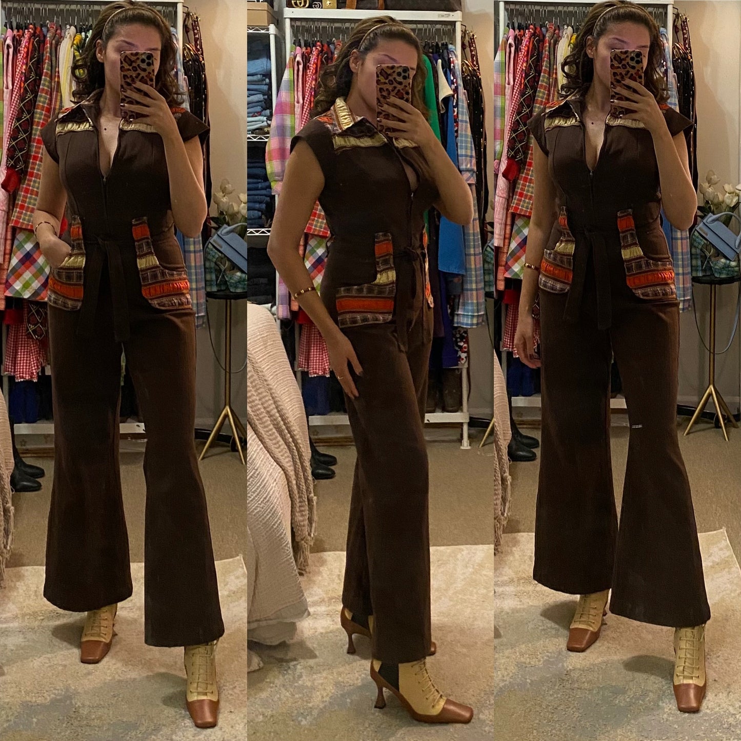 70's Patchwork Crinkle Cotton Wide Leg Chocolate Brown Jumpsuit (S-M)