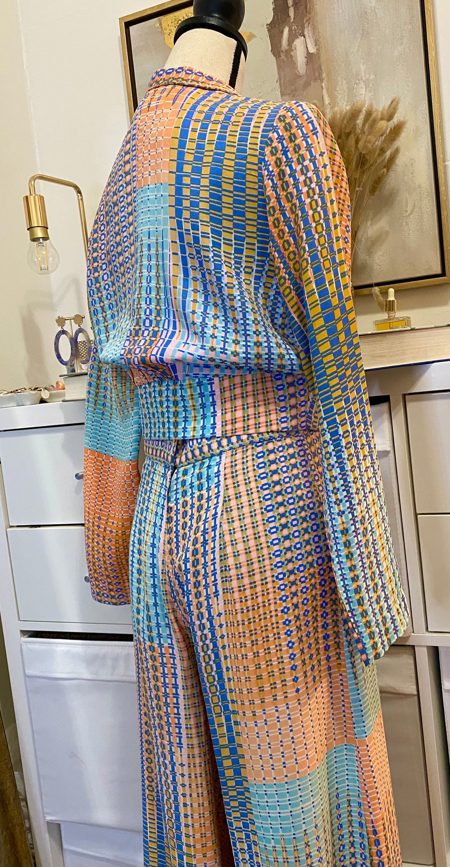 70's 2-Piece Set - Pastel Abstract - Bomber Jacket/Shirt & High Rise Palazzo Bottoms (M)