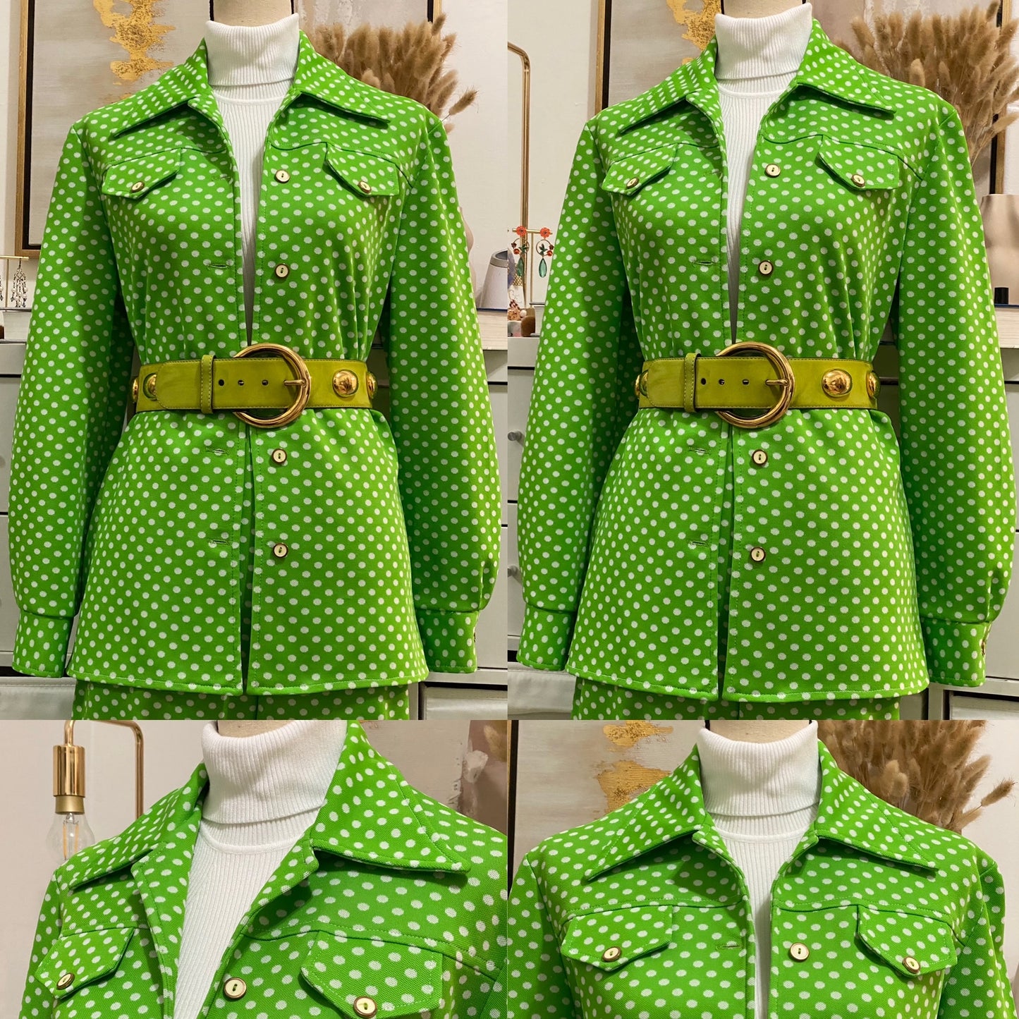 70's Lime Green Polka Dot 2Pc Wide Leg Pantsuit (M-L)