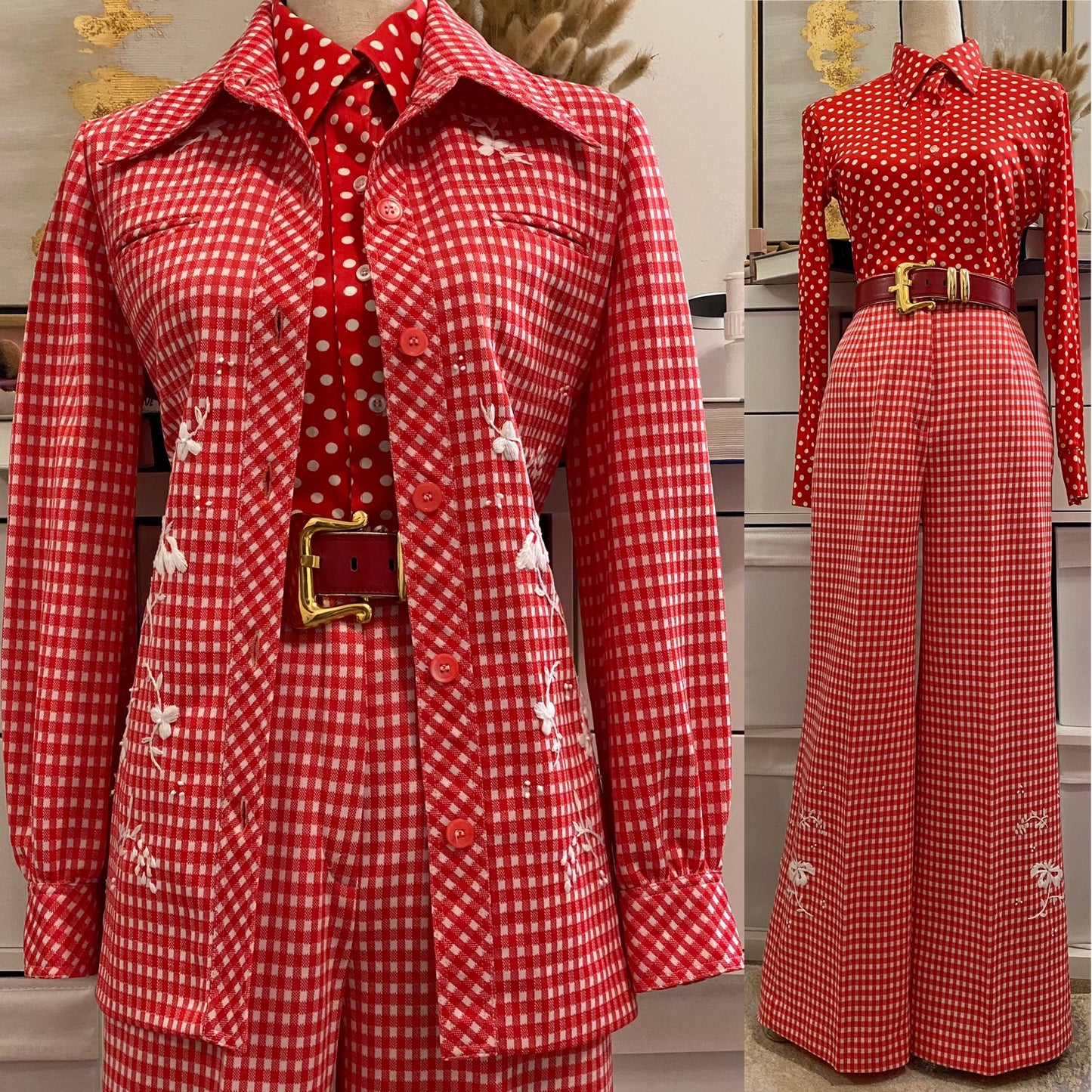 70's Floral Gingham Wide Leg 2pc Pantsuit (S-M)