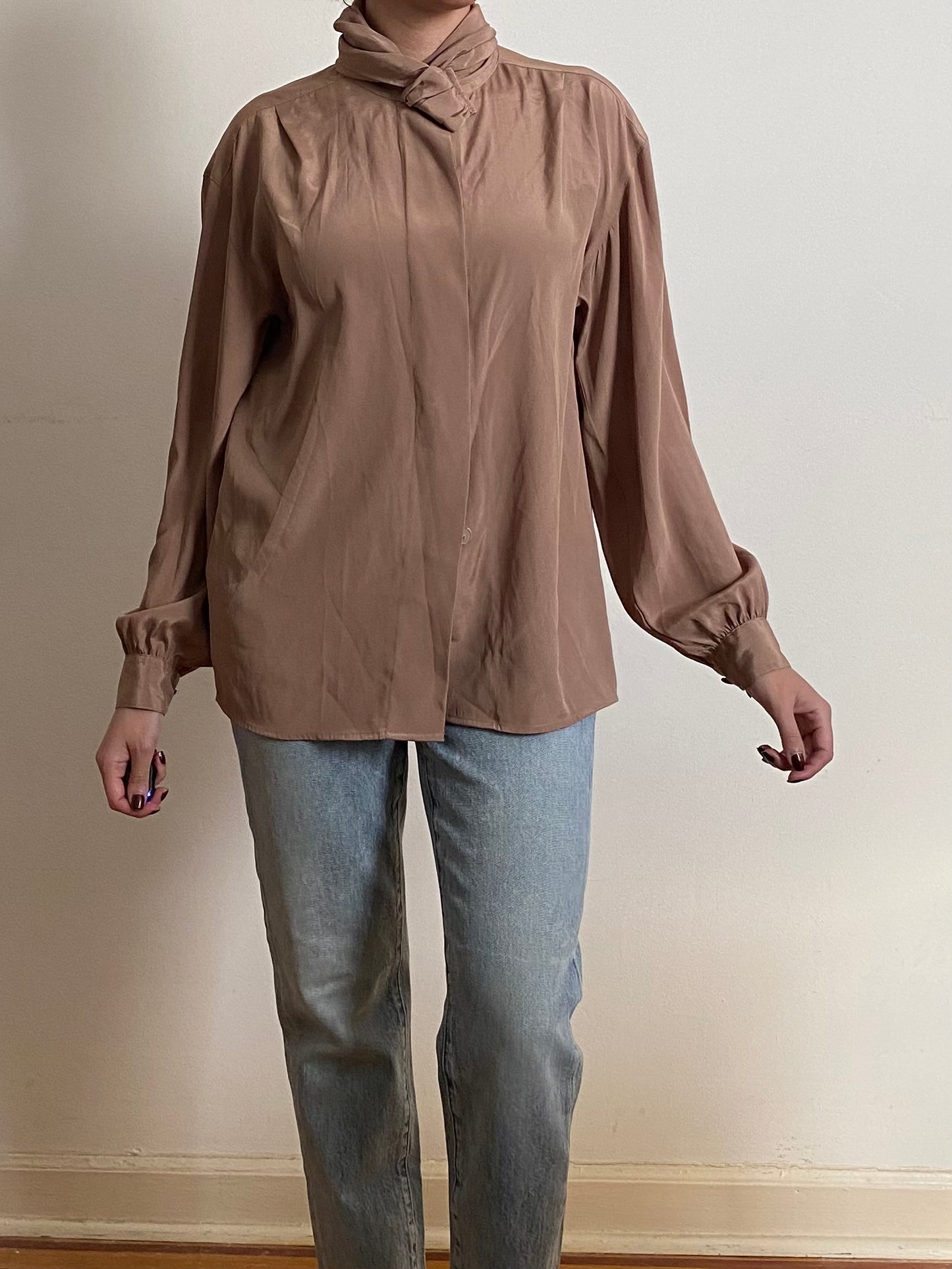 90's Mock Jabot Collar Long Sleeve Blouse (M)