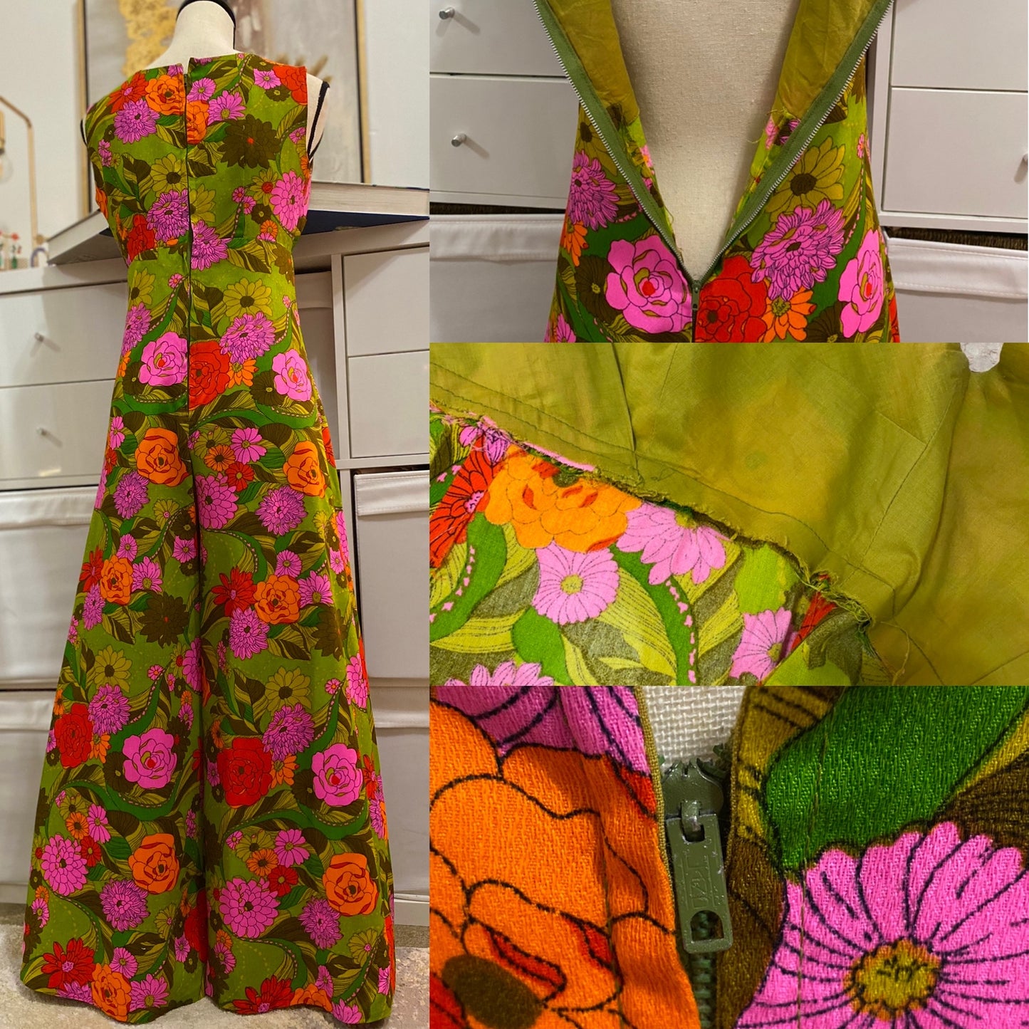 60s-70s Sexy Bright Floral Bell Bottom Wide Leg Jumpsuit (M)
