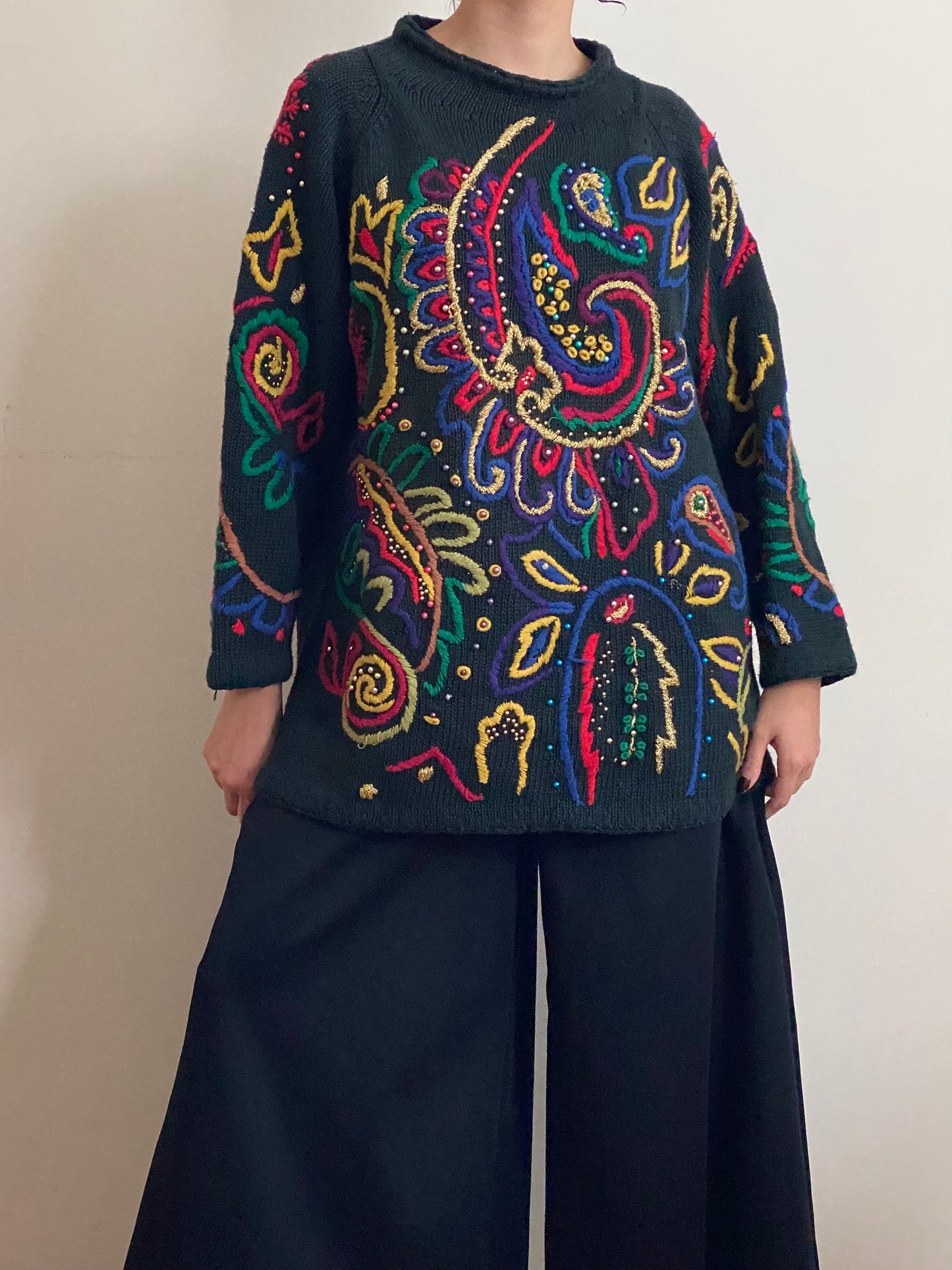 80's Ramie & Cotton Multicolored Embroidered Knit Sweater (OS)