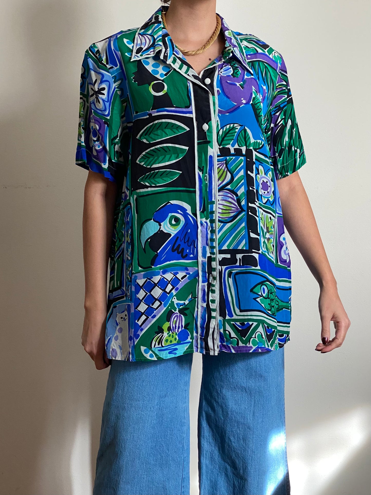90's Colorful Abstract Short Sleeve Button Up Blouse (L)