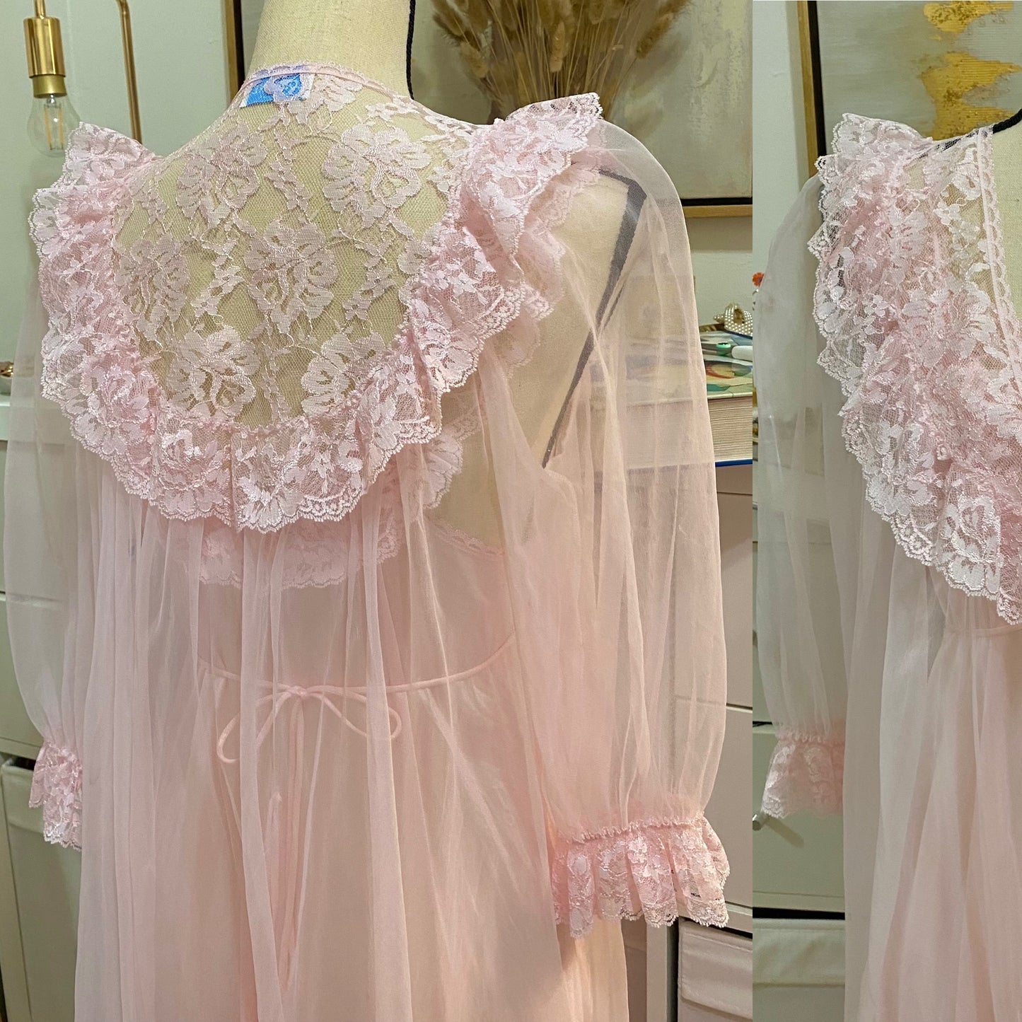 80’s Blush Pink Satin & Lace Peignoir 2-Piece Set (S-M)
