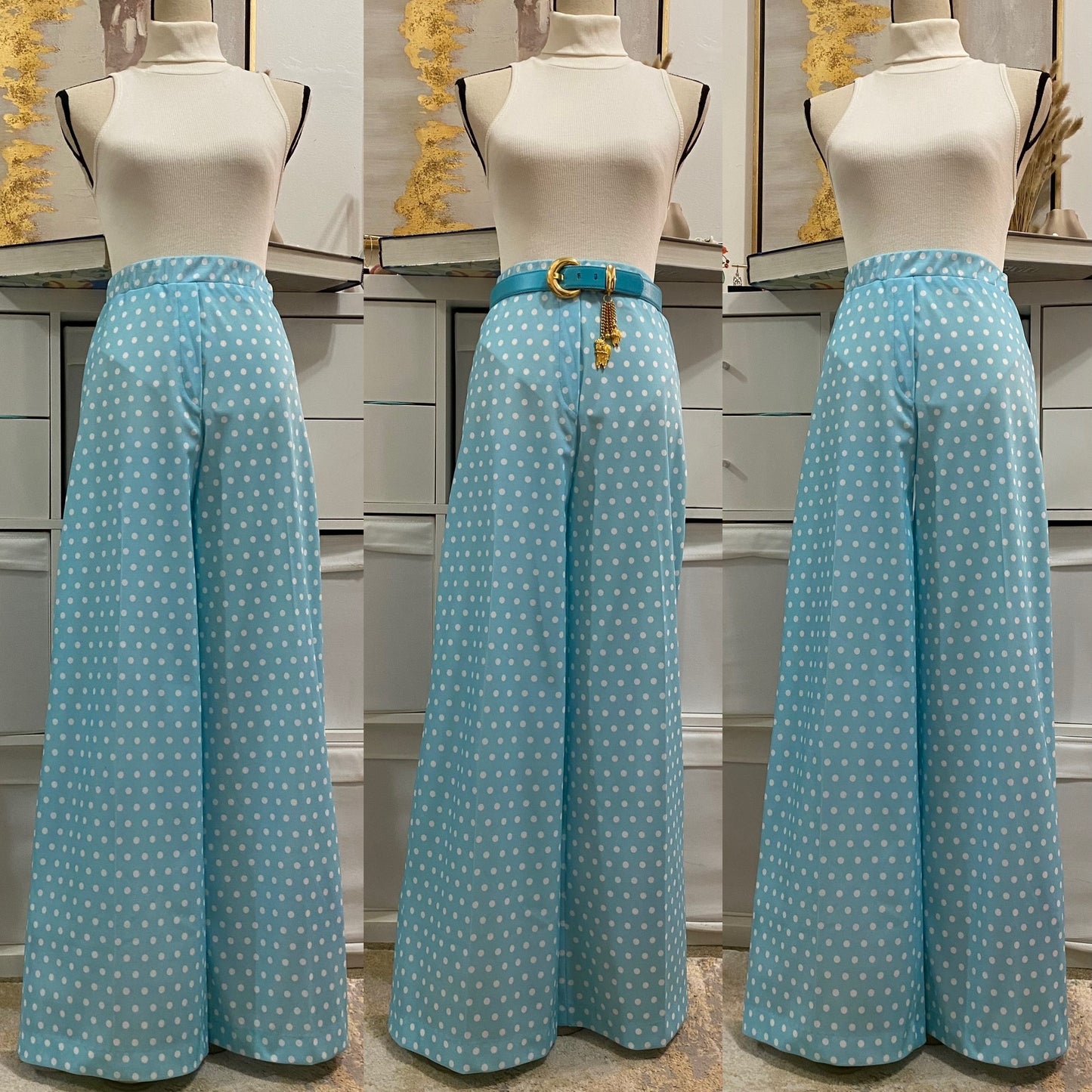 70's Light Blue, Polka Dot Wide Leg 2Pc Pantsuit (XS-M)