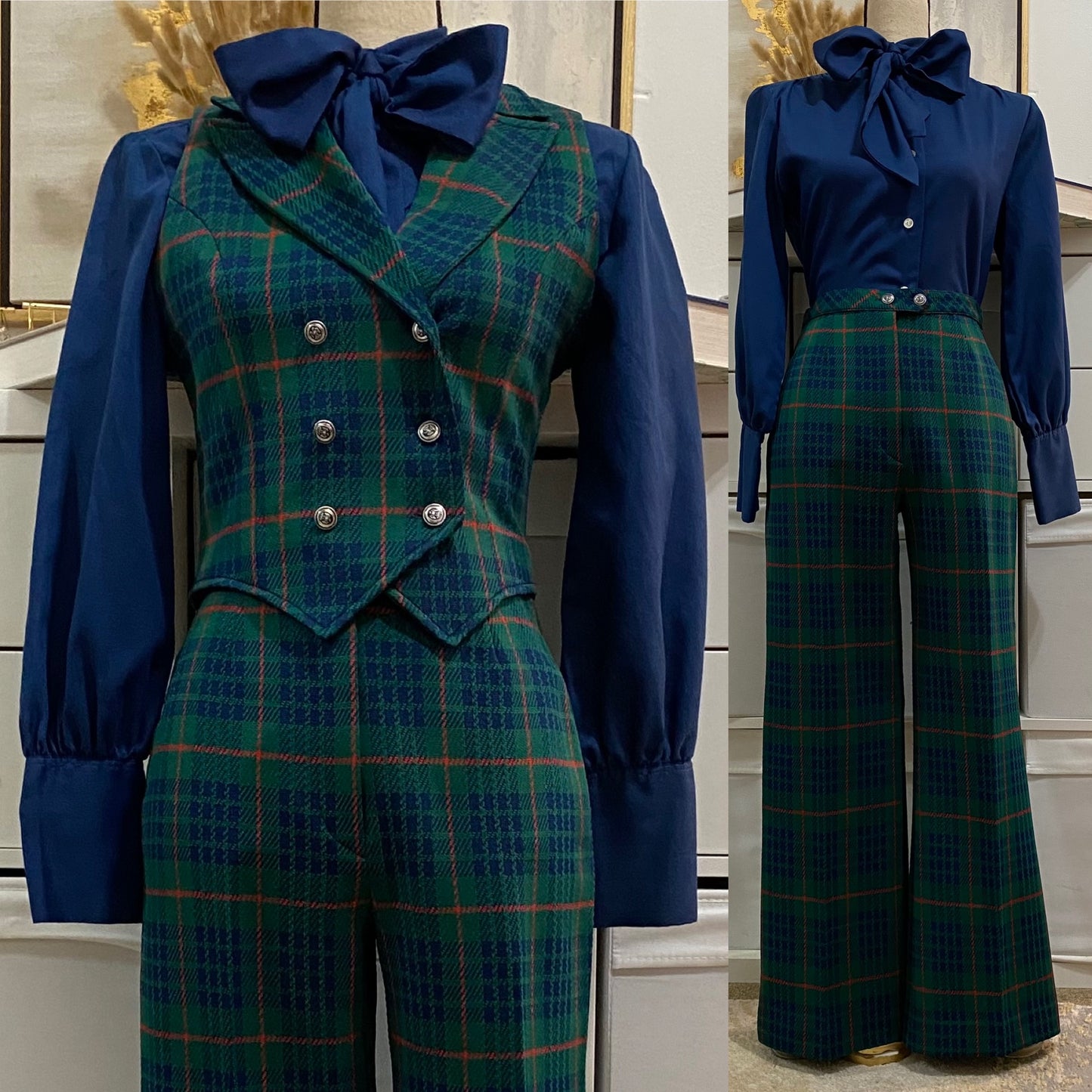 70s Plaid 2Pc Cropped Vest Pantsuit (XS-S, 26"-27'W)