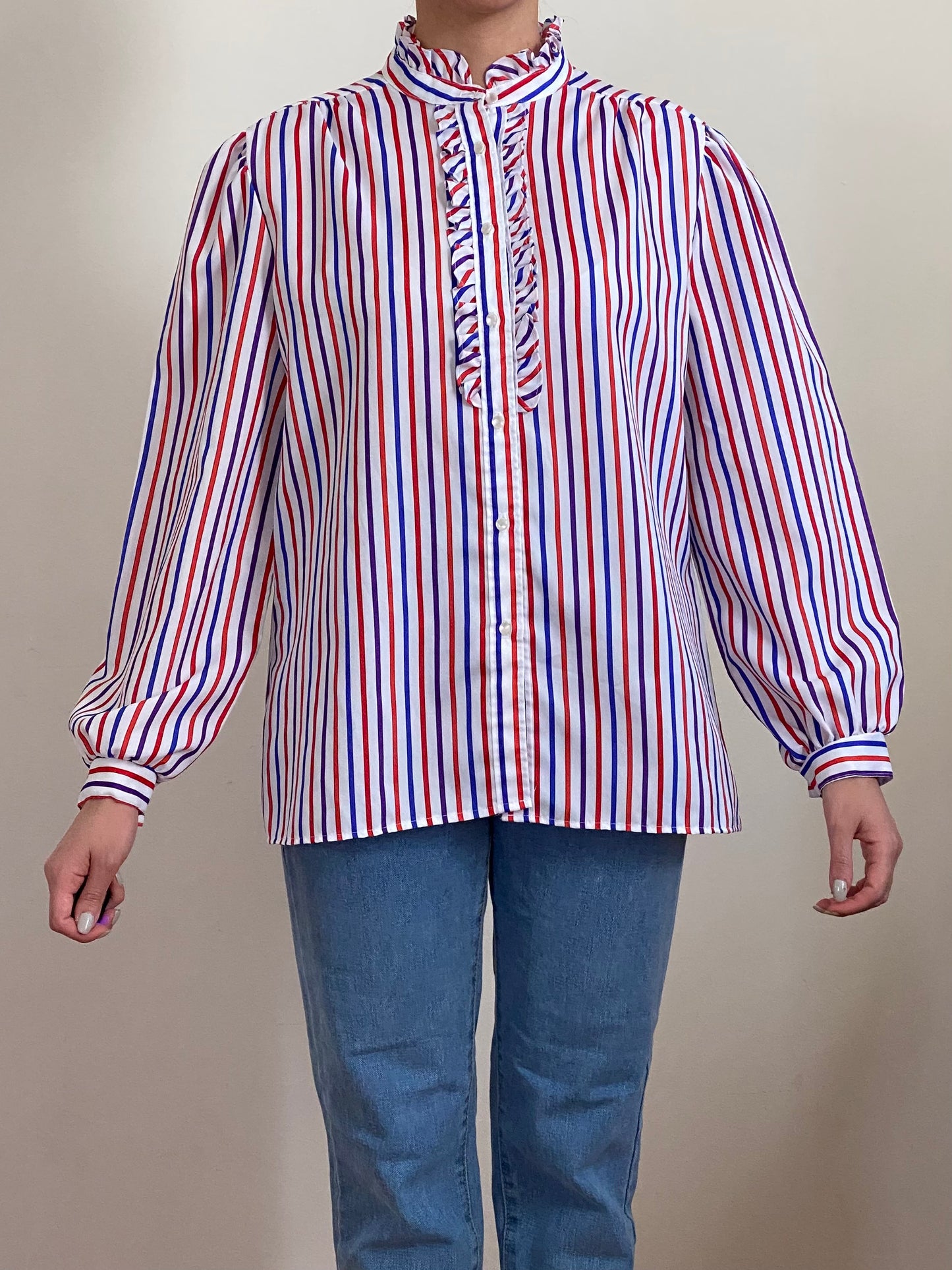 70's Striped Ruffle Long Puffy Sleeve Top (S-M)