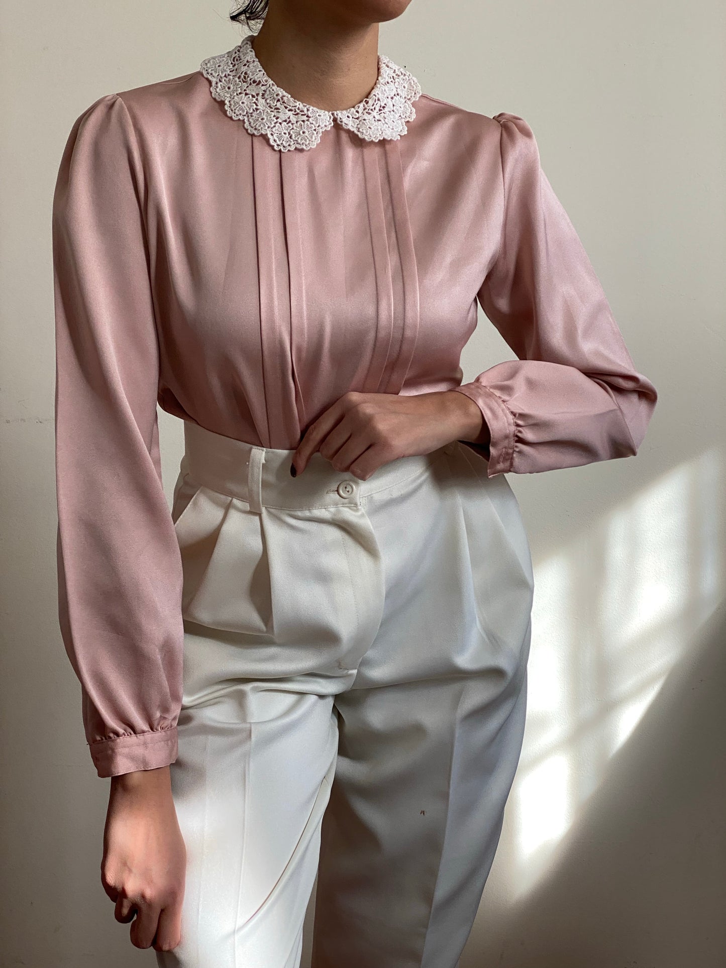 80's Lace Collar Silky Long Sleeve Blouse (S)
